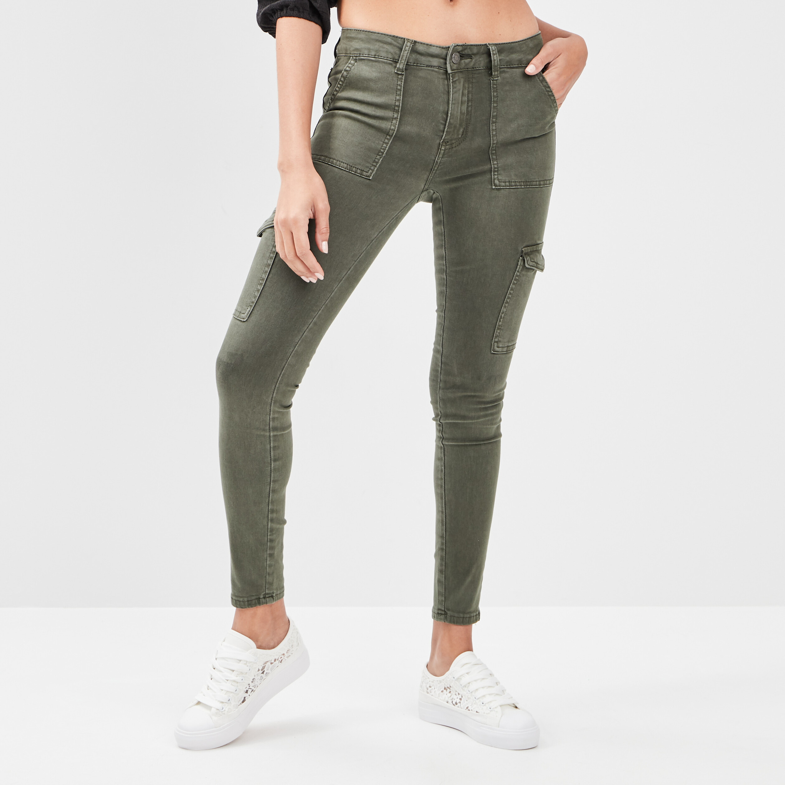 Pantalon cargo skinny vert kaki femme | La Halle