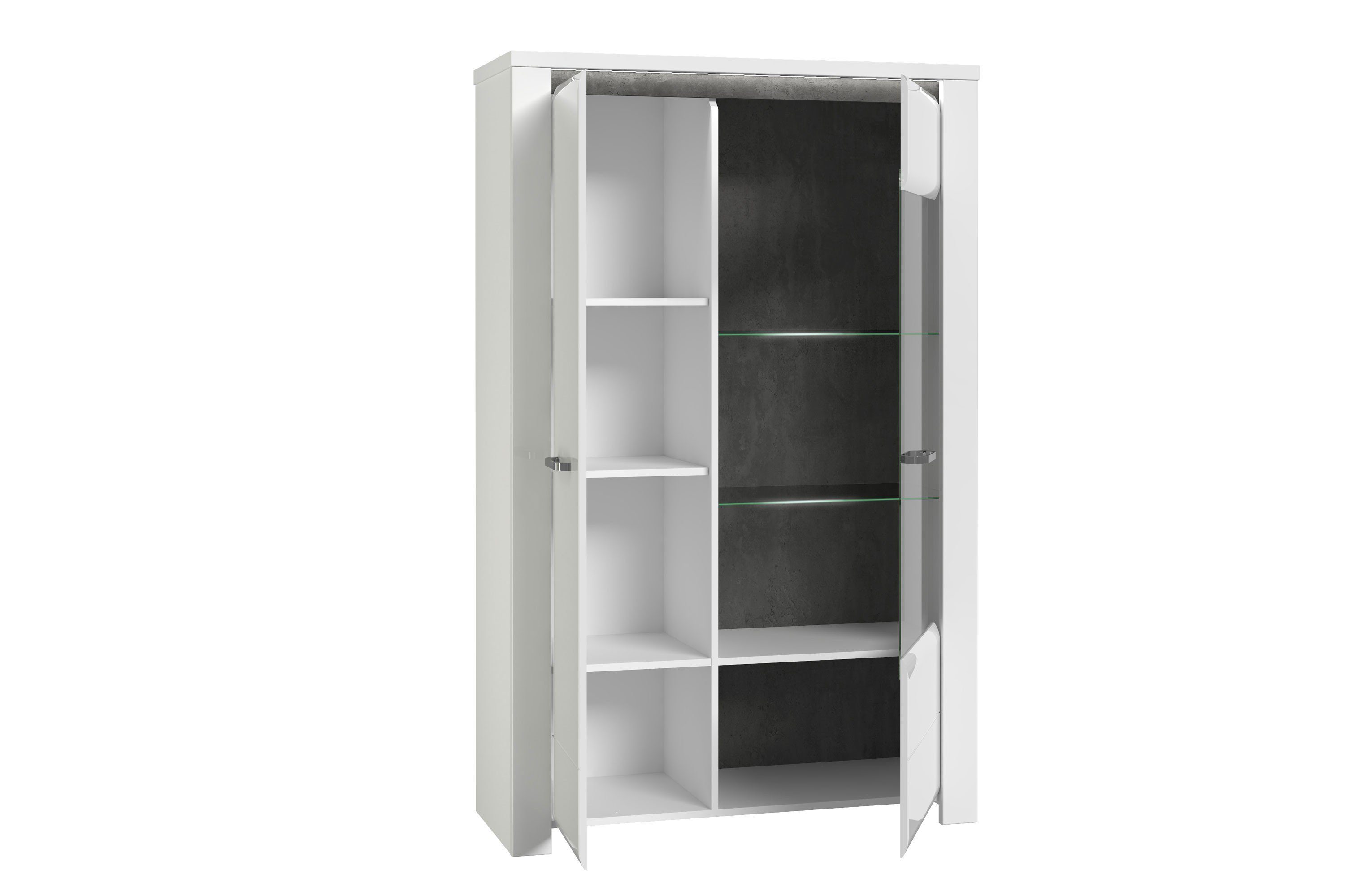 möbel-direkt.de Wohnwand Brugia, (Komplett Set, 4-St., Standvitrine + Hochkommode + Wandboard + TV- Schrank), Hochglanzfronten, Beleuchtung, Selbsteinzug, Dämpfungsbeschläge