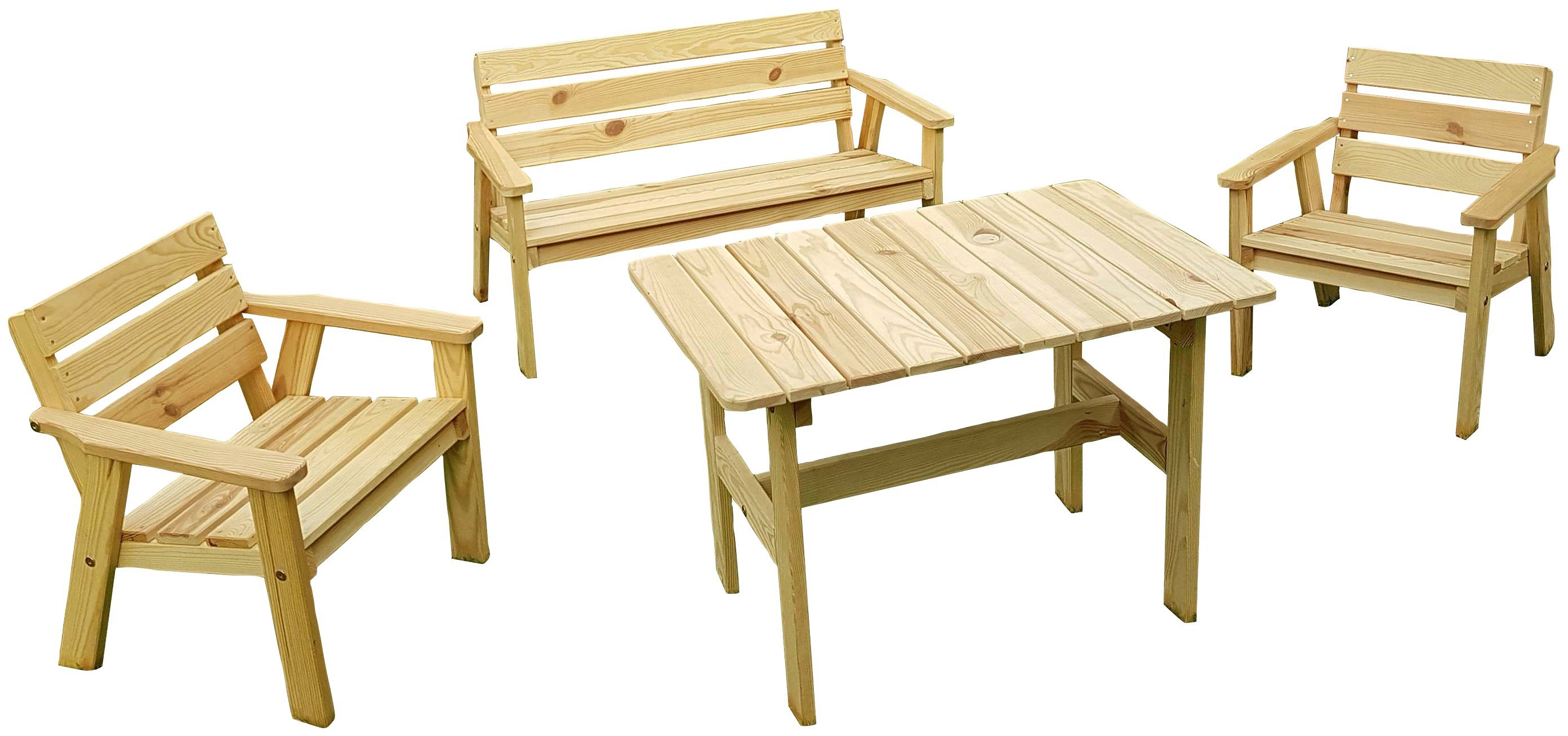 promadino Garten-Kindersitzgruppe Fehmarn, (4-tlg), aus Kiefernholz, 1 Bank, 1 Tisch, 2 Stühle