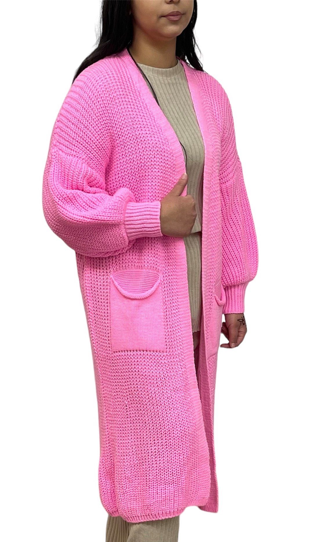 HELLO MISS Longstrickjacke Modisch Maxi Strickjacke mit aufgesetzten Taschen, Cardigan Lang