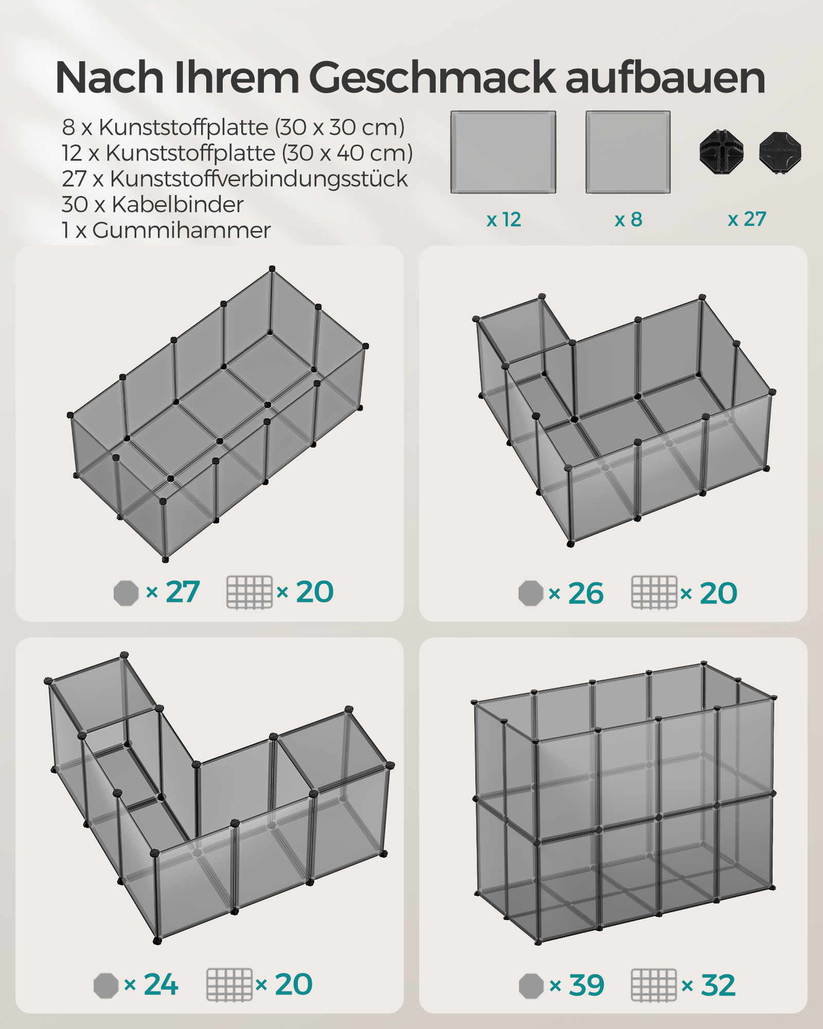 SONGMICS Freigehege SONGMICS L-XL Freigehege mit Bodenplatten grau 1,25 m, 63 cm, 42 cm