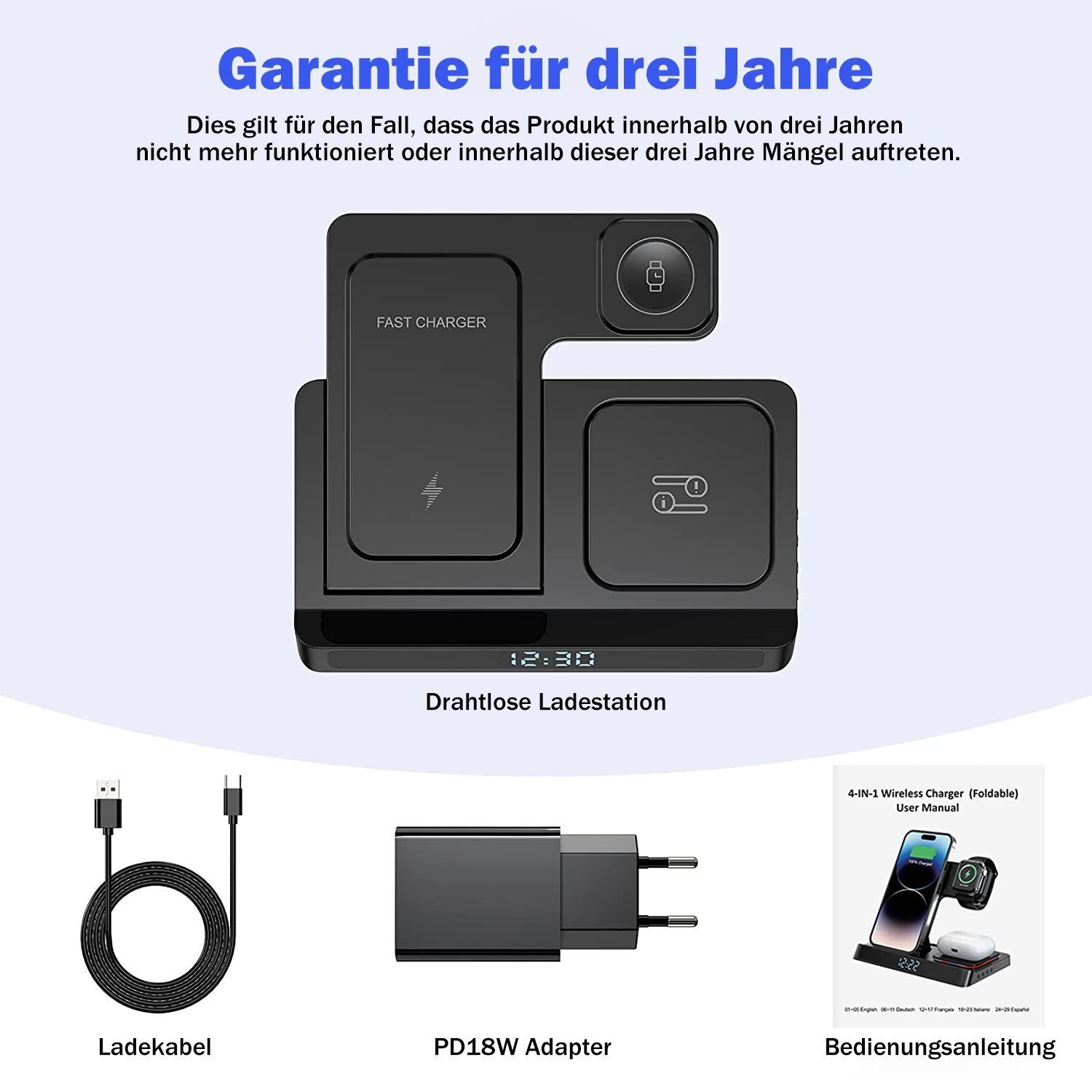 Yaviel Handy-Dockingstation Induktive Ladestation 4 in1 Kabellose Ladegerät Wireless Charger, Apple Watch Iphone Airpods Ultra Handy Charging Station Induktive