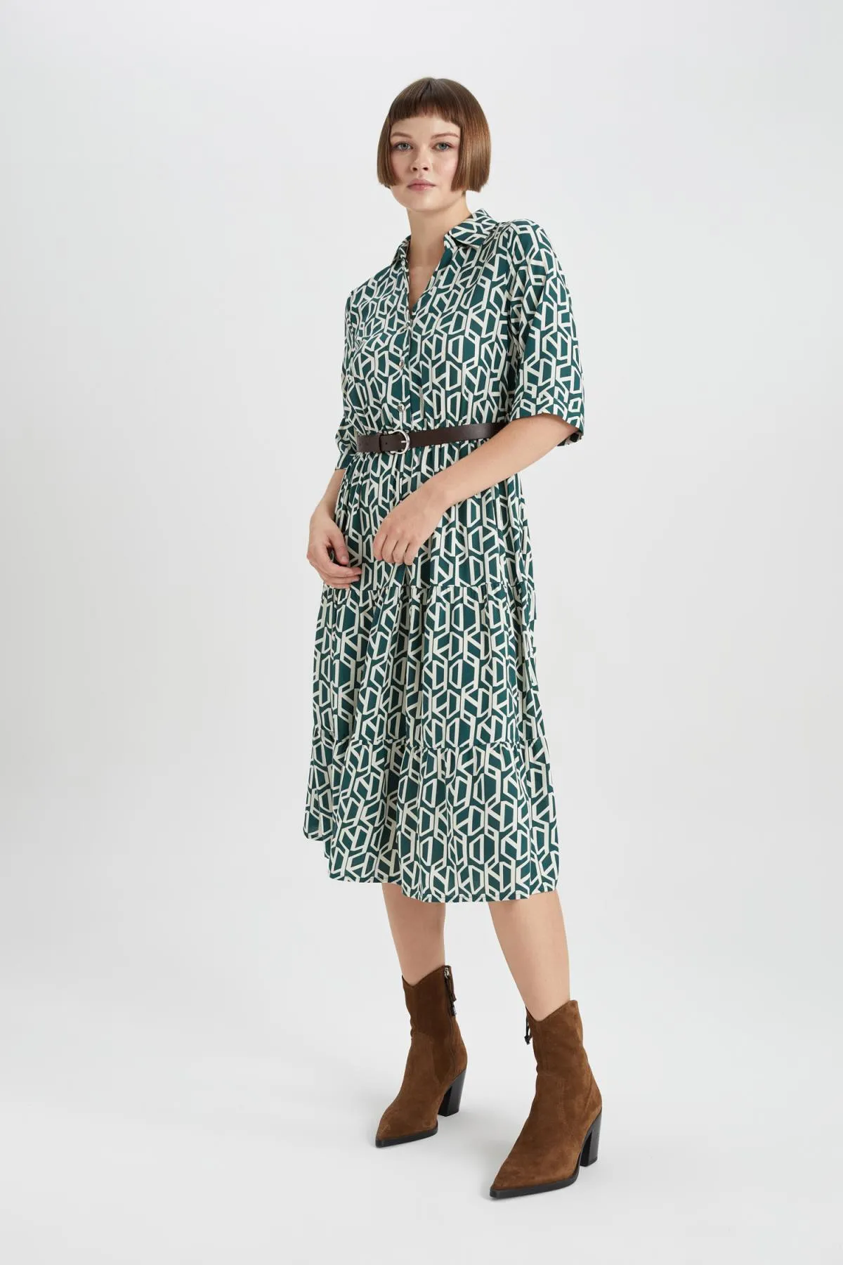 DeFacto  Bedrucktes Midi-Langarmkleid mit Hemdkragen