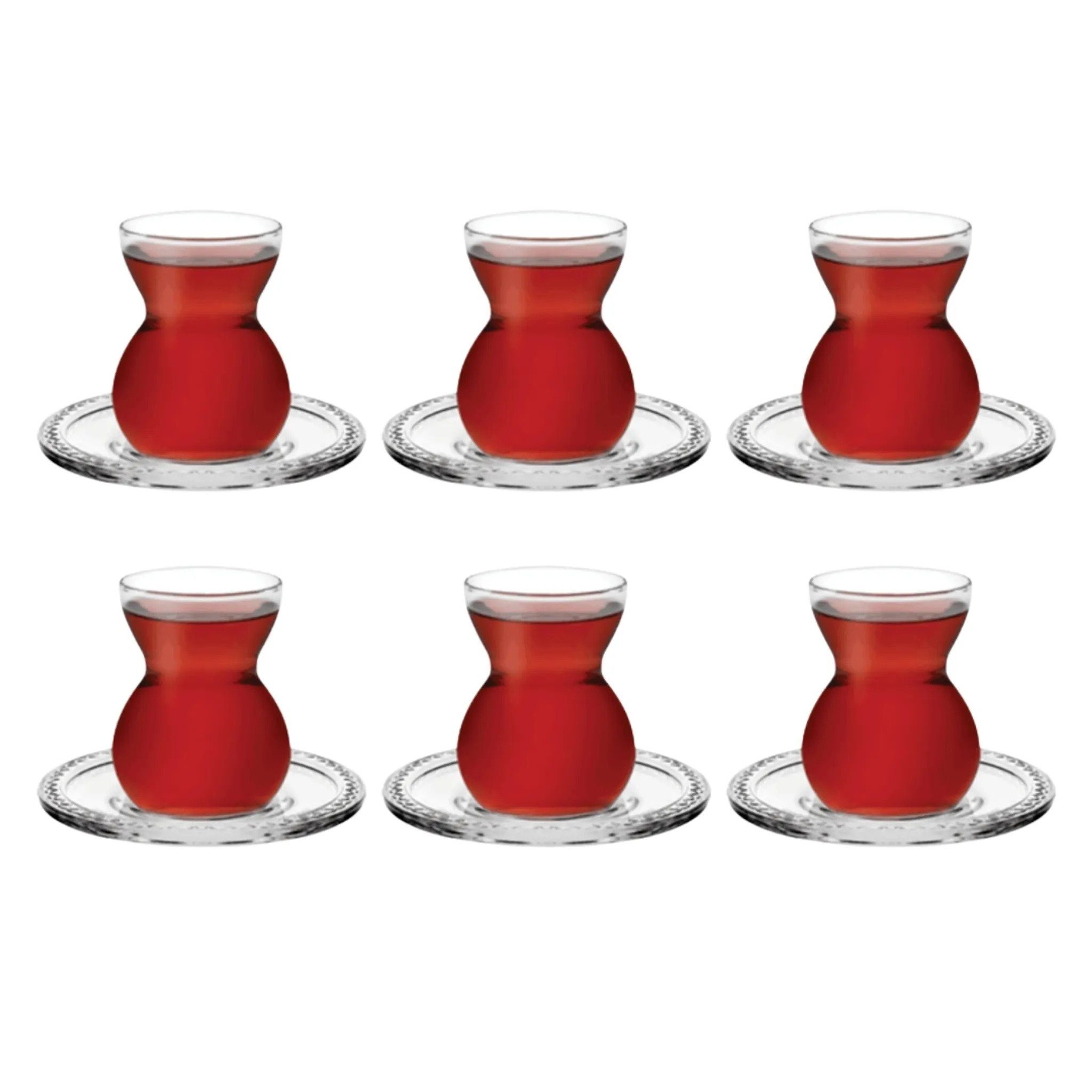 Pasabahce Gläser-Set Etnik, Glas, Teeglas Set 12 Teilig mit Untertassen, Spülmaschinengeeignet