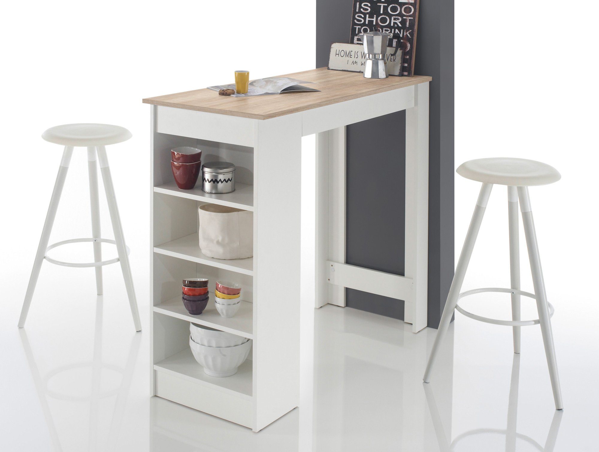 Moebel-Eins Bartisch, MACARENA Bartisch mit seitlichem Regal, Material Dekorspanplatte