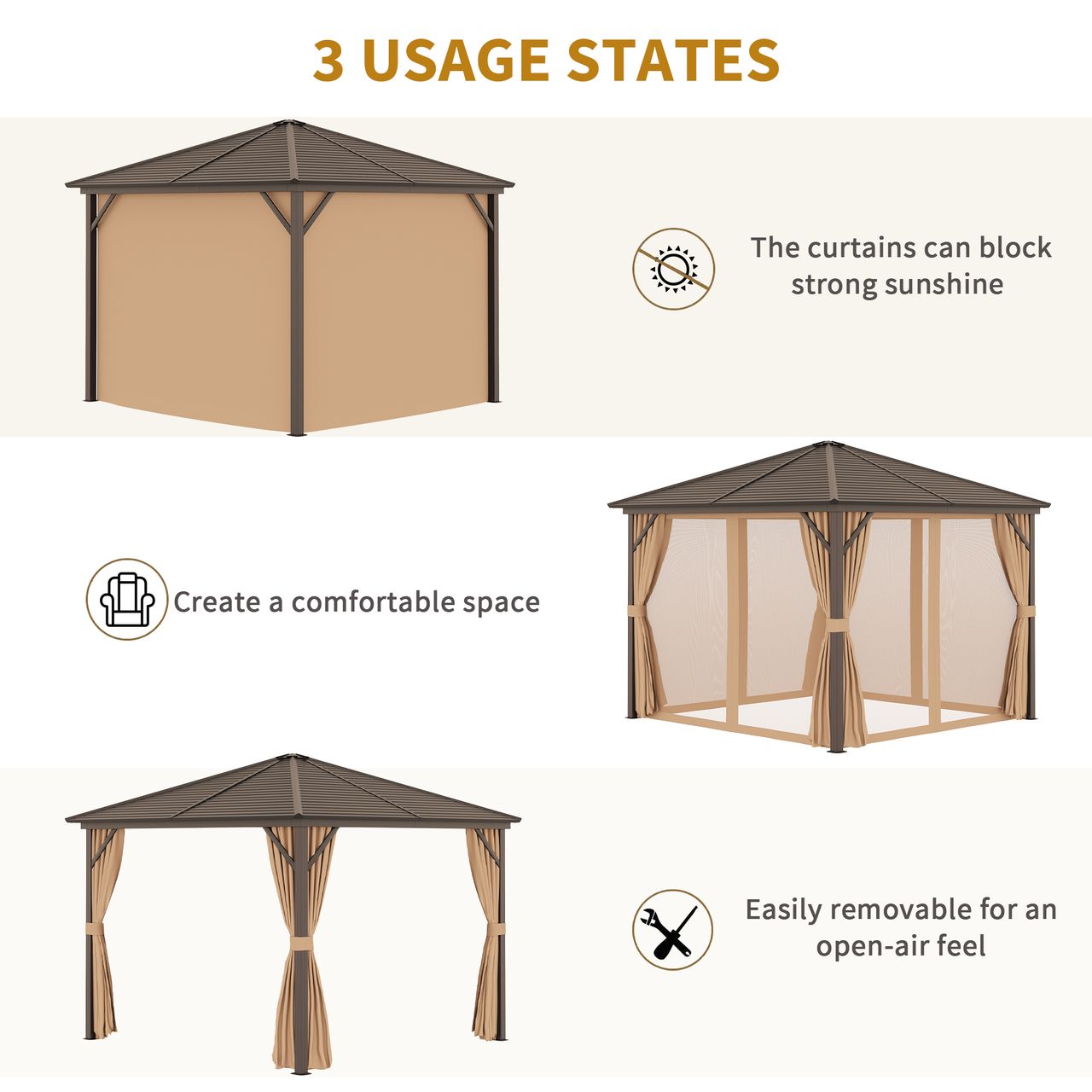 Outsunny Gartenpavillon Pavillon Partyzelt 4 x Doppel-Seitenwänden Hellbraun
