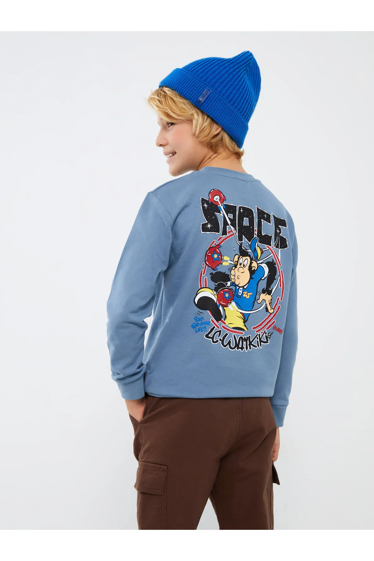 LC Waikiki  Langärmliges Jungen-Sweatshirt mit Nostalgie-Affen-Print und Rundhalsausschnitt