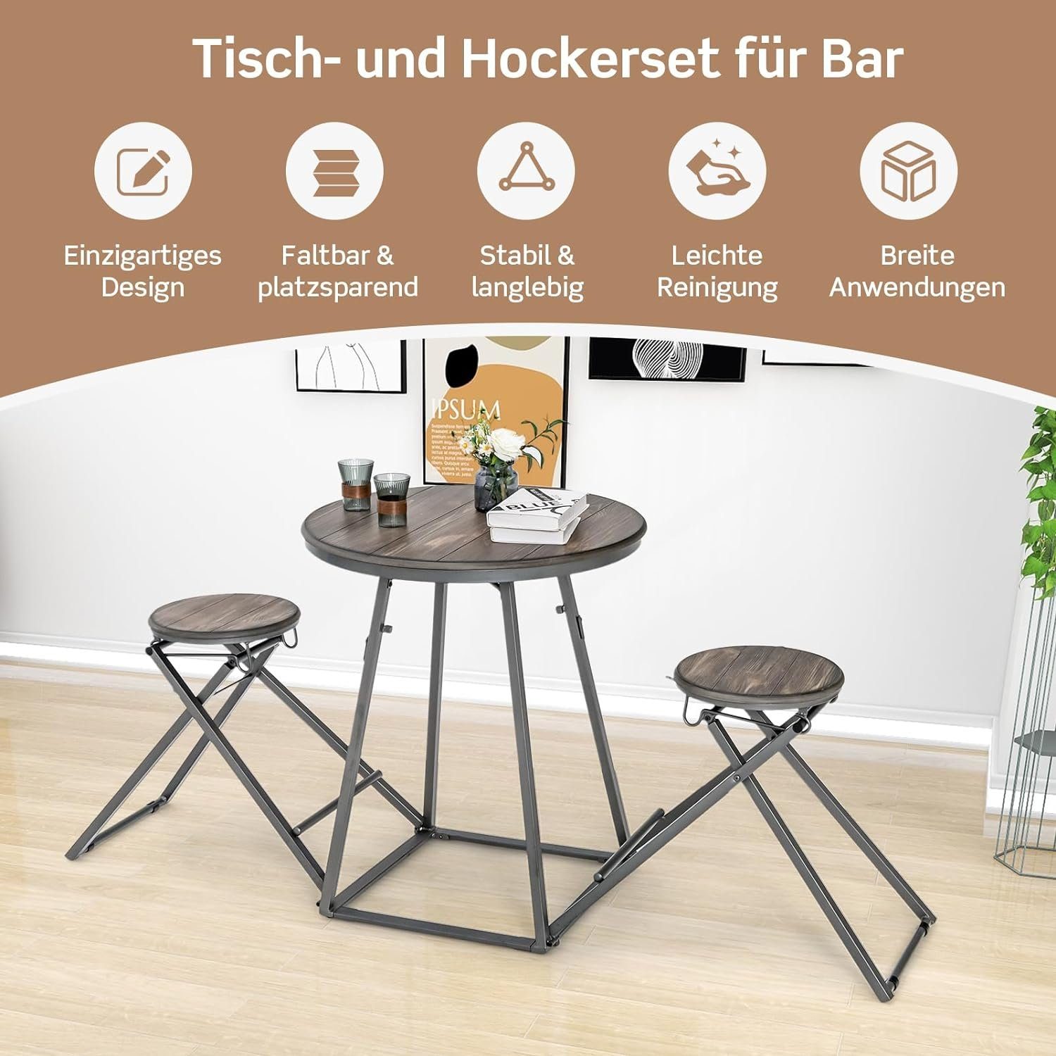 KOMFOTTEU Bartisch Bistrotisch (Set), mit 2 Trennbaren Klappstühlen