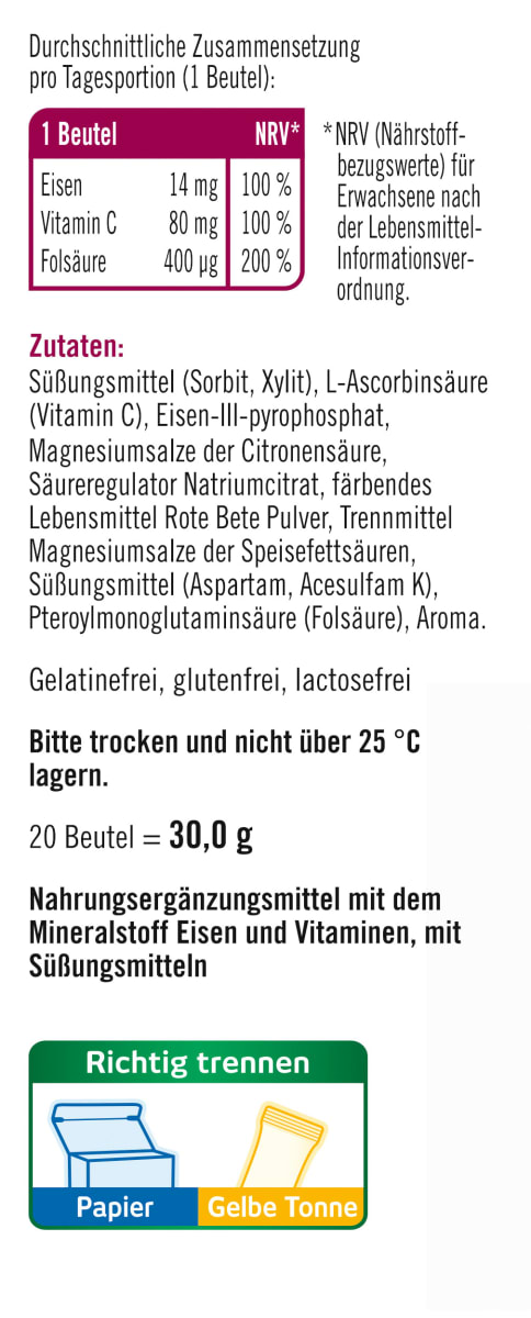 Eisen + Folsäure + Vitamin C direkt Granulat (20 Stück), 22 g
