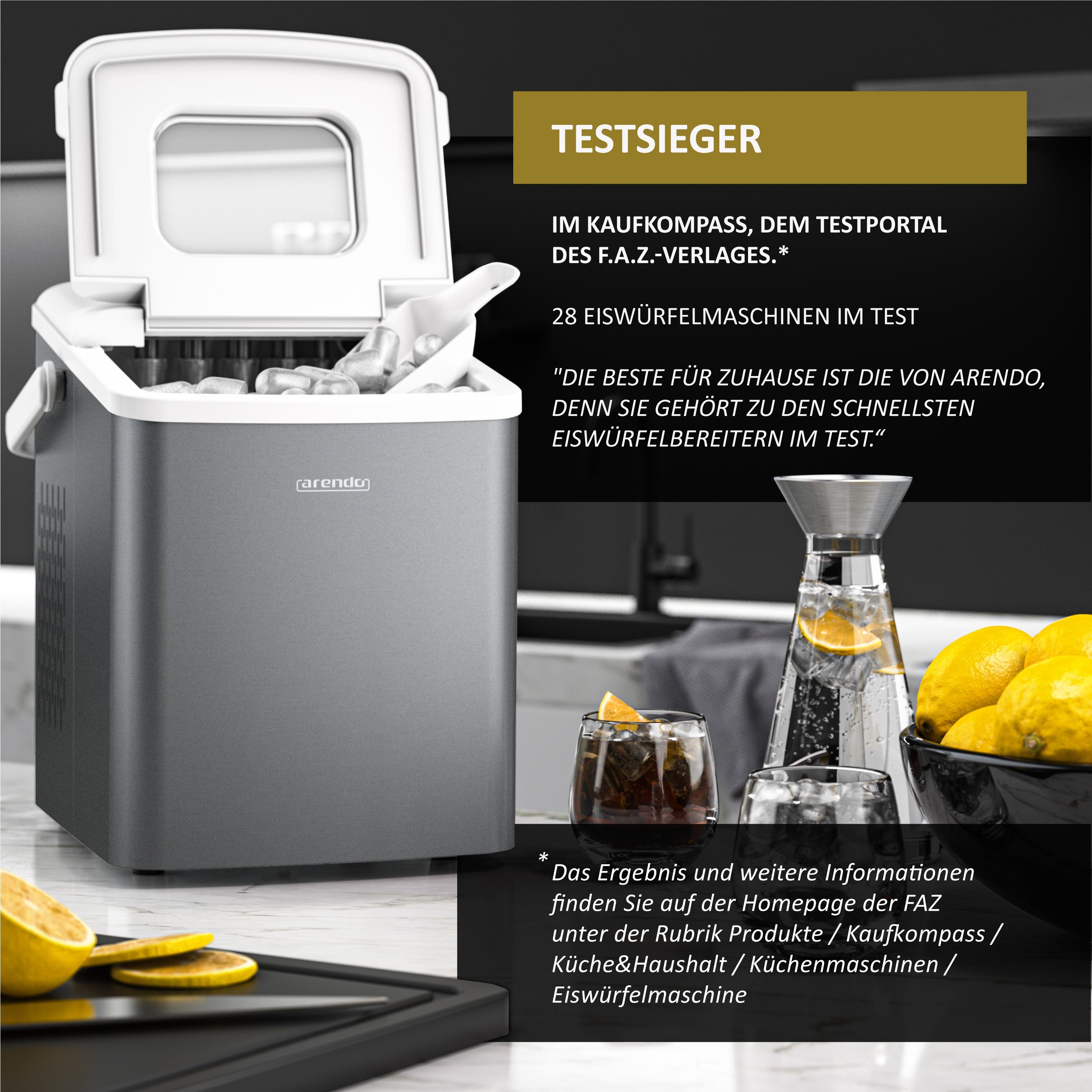 Arendo Eiswürfelmaschine, 120W mit 1,5L Behälter Eiswürfelbereiter, 9 Eiswürfel in 9 Minuten