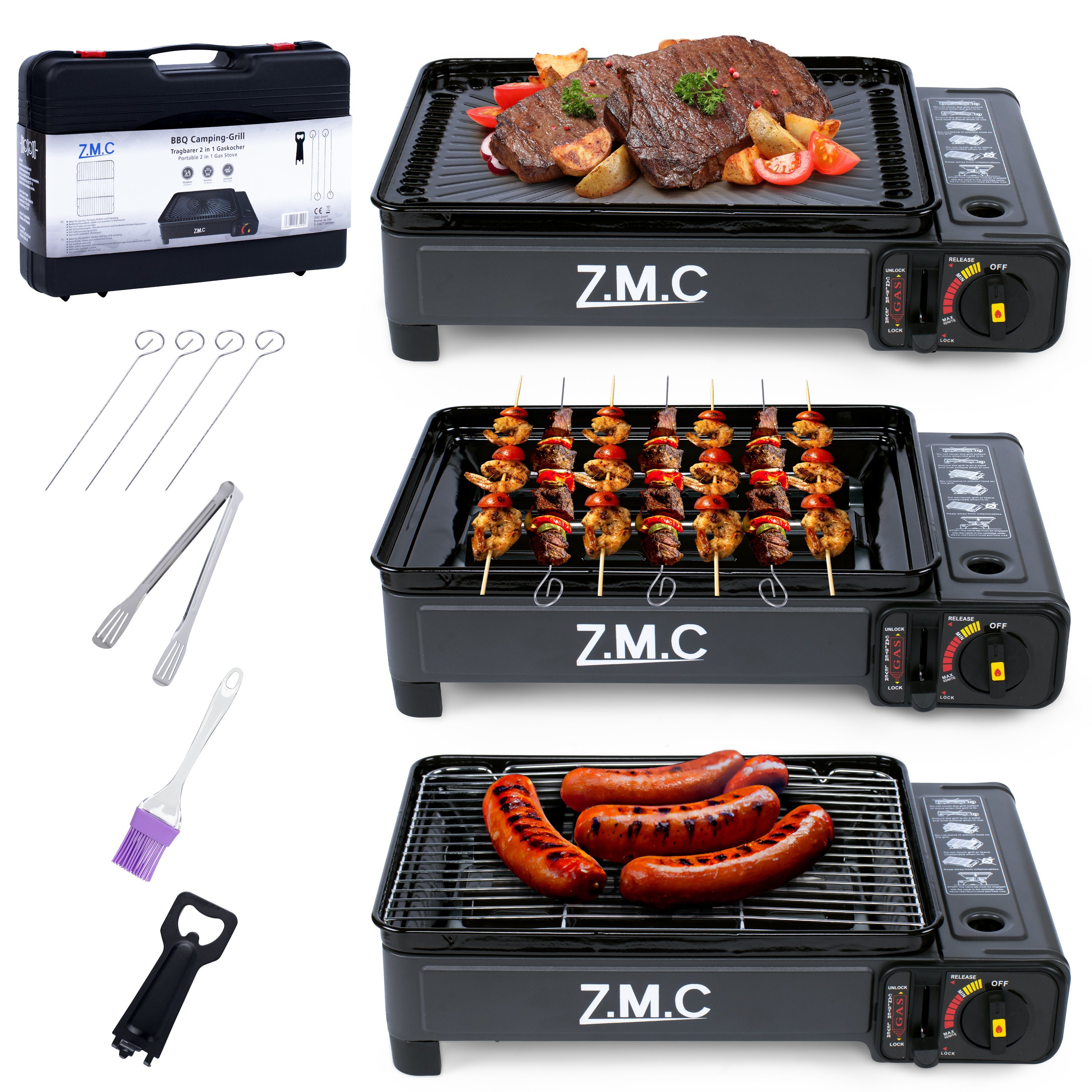 ZMC Gaskocher 2-in-1 Gaskocher inkl. Zubehör einflammiger Camping-Kocher, (mit Grillplatte + Grillrost, stufenlos regulierbar, Tischgrill), mit Tragekoffer, 3,8kg, Piezo-Zündung Wärmeleistung: 2,2KW
