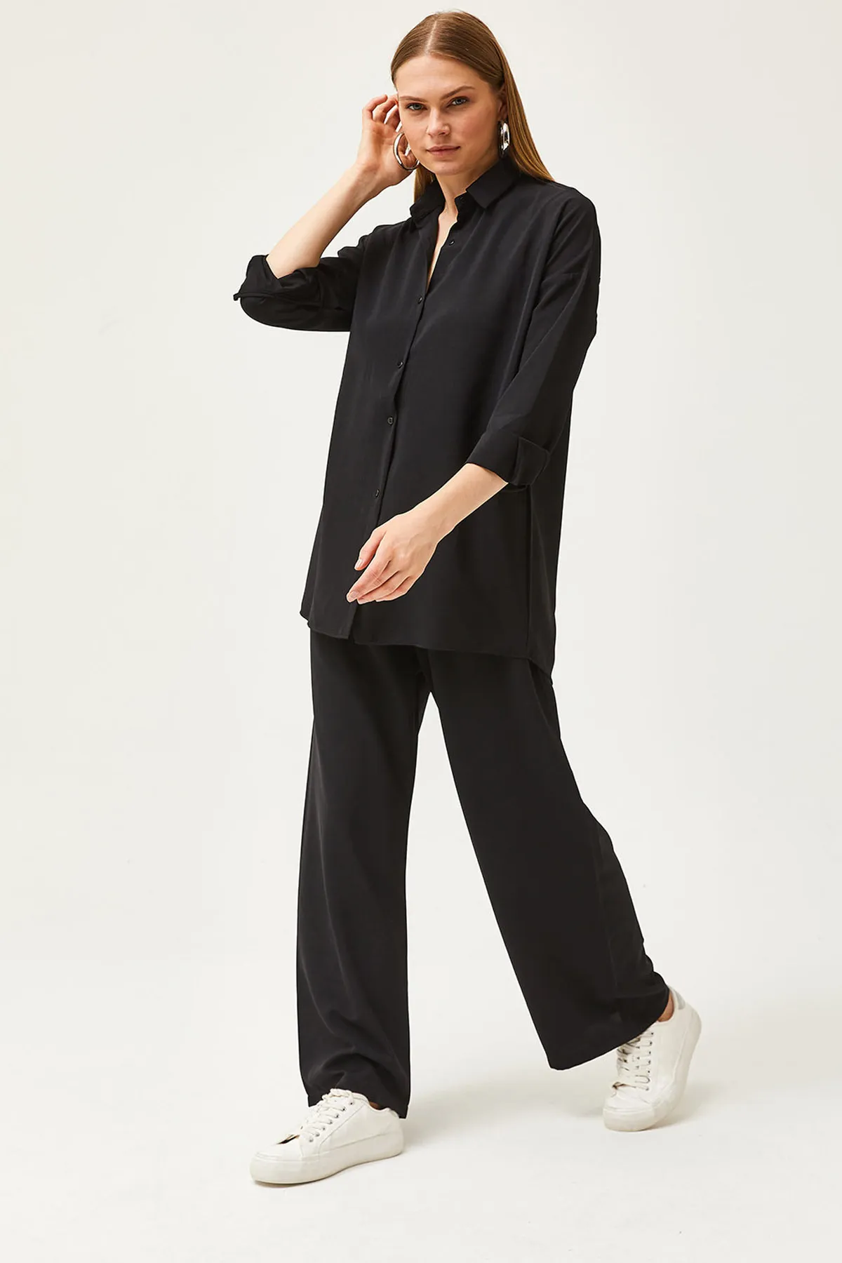 Olalook  Schwarzes drapiertes Hemd-Hosen-Set für Damen TKM-19000283