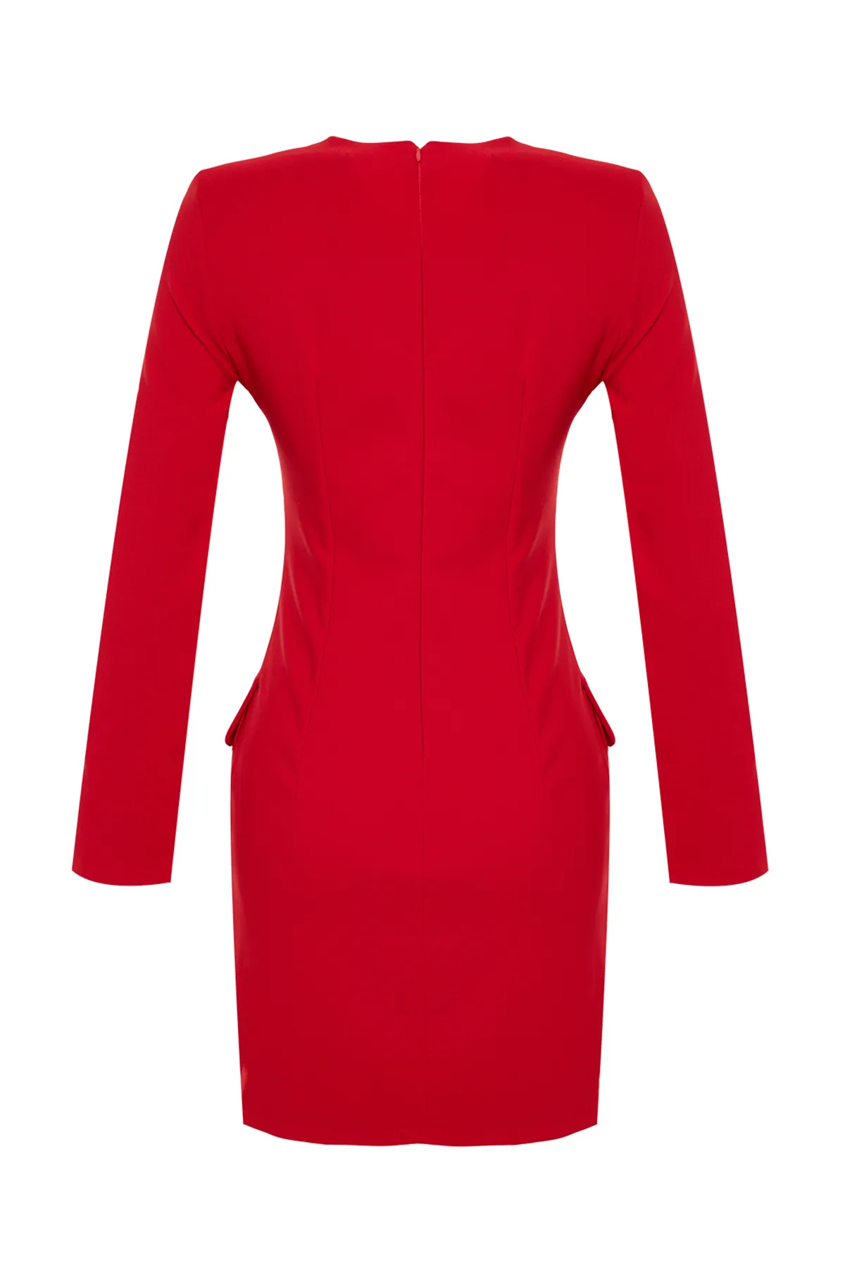 Trendyol Collection  Rotes, gewebtes Jackenkleid mit geknöpftem V-Ausschnitt und Taschendetails TWOAW24EL00629