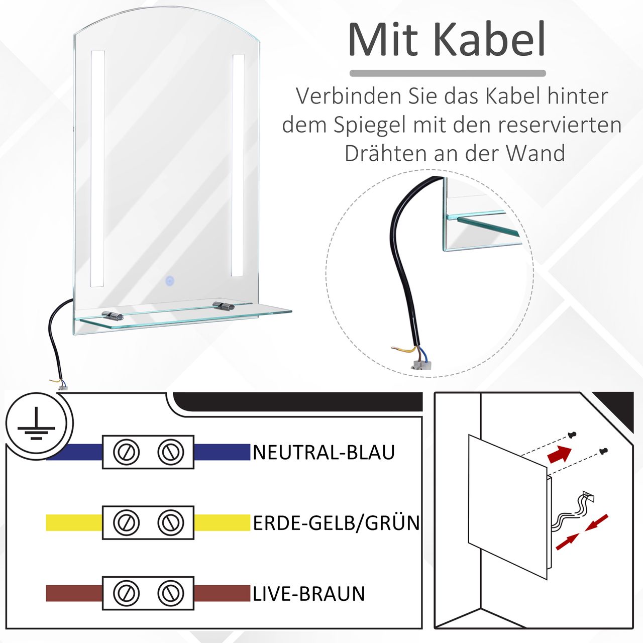HOMCOM Badspiegel mit Ablage LED Lichtspiegel Badezimmerspiegel Wandspiegel 15W (Modell4) Wasserdicht 50 x 15,5 x 70 cm