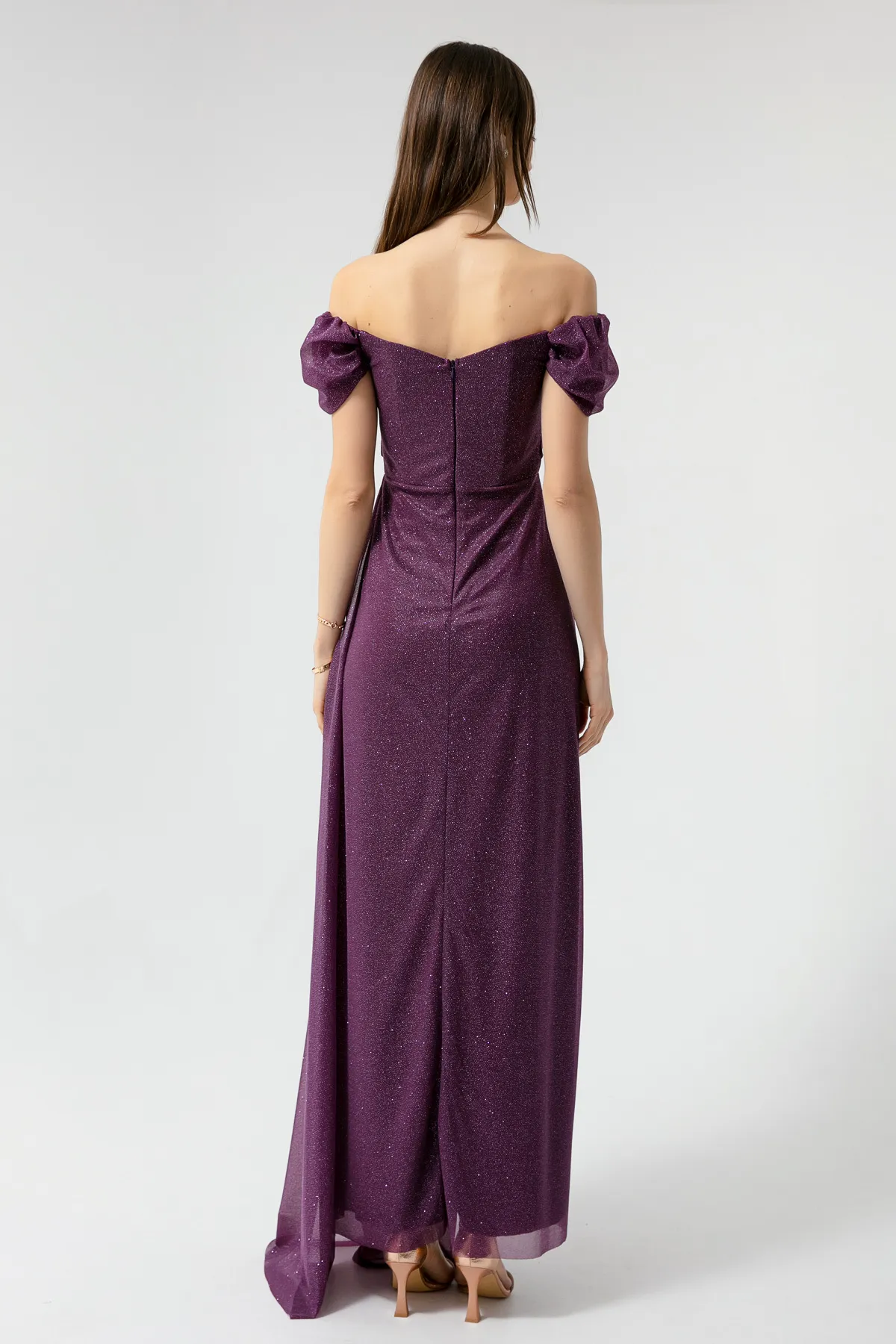 Lafaba  Damen-Abendkleid in Pflaume mit U-Boot-Ausschnitt, drapiertem Schlitz, langes Glitzer-Abendkleid