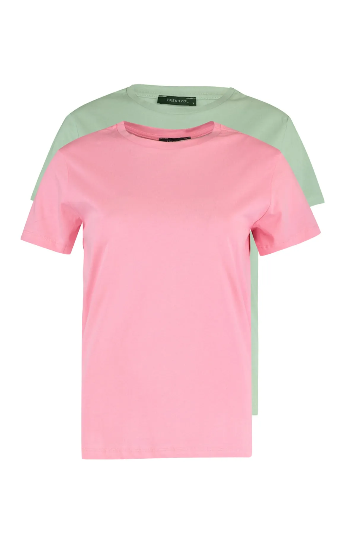 Trendyol Collection  Pink-Mintfarbenes 2er-Pack gestricktes T-Shirt aus 100 % Baumwolle mit Rundhalsausschnitt und Single-Jersey TWOSS20TS0141