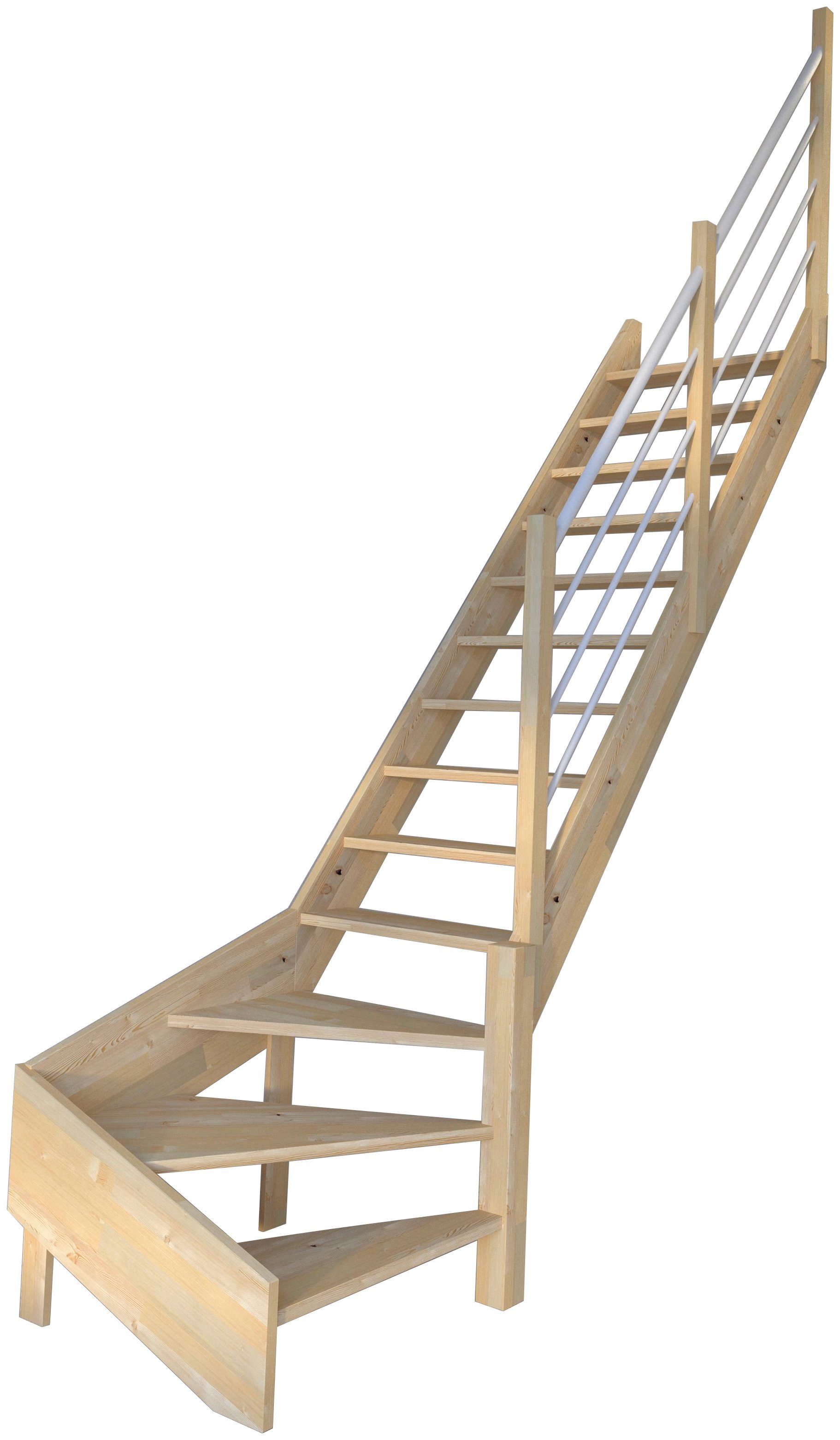 Starwood Raumspartreppe Massivholz Korfu, Holz-Edelstahl Weiß, für Geschosshöhen bis 300 cm, Stufen offen, gewendelt Rechts, Durchgehende Wangenteile