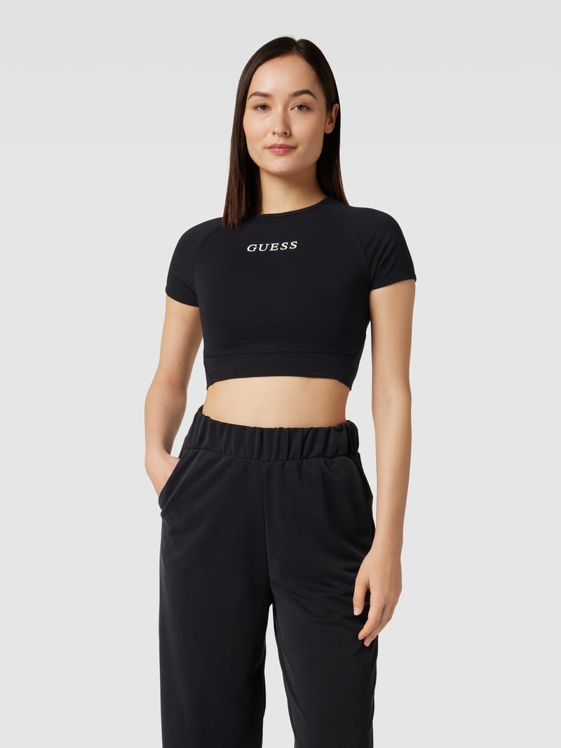 Cropped T-Shirt mit Label-Print Modell 'ALINE' in schwarz