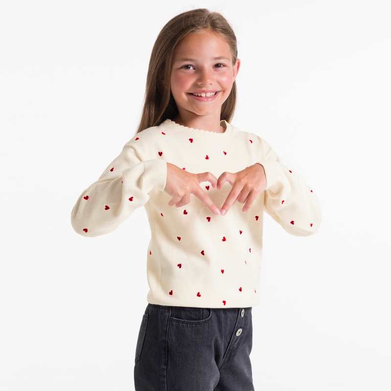 Pull motifs cœurs écru Fille