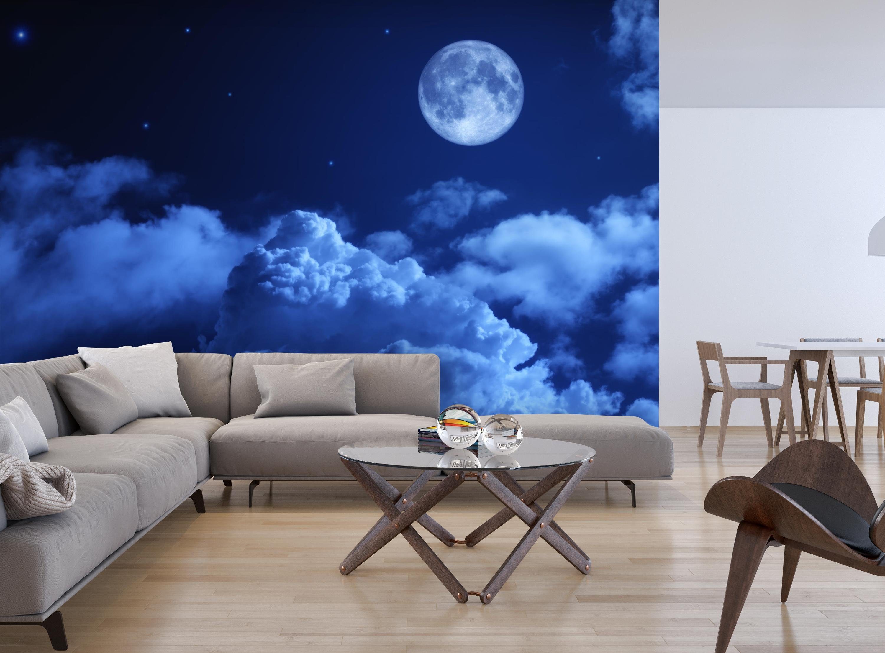 wandmotiv24 Fototapete Nacht Mond Himmel Sternen Wolken Blau, glatt, Wandtapete, Motivtapete, matt, Vliestapete