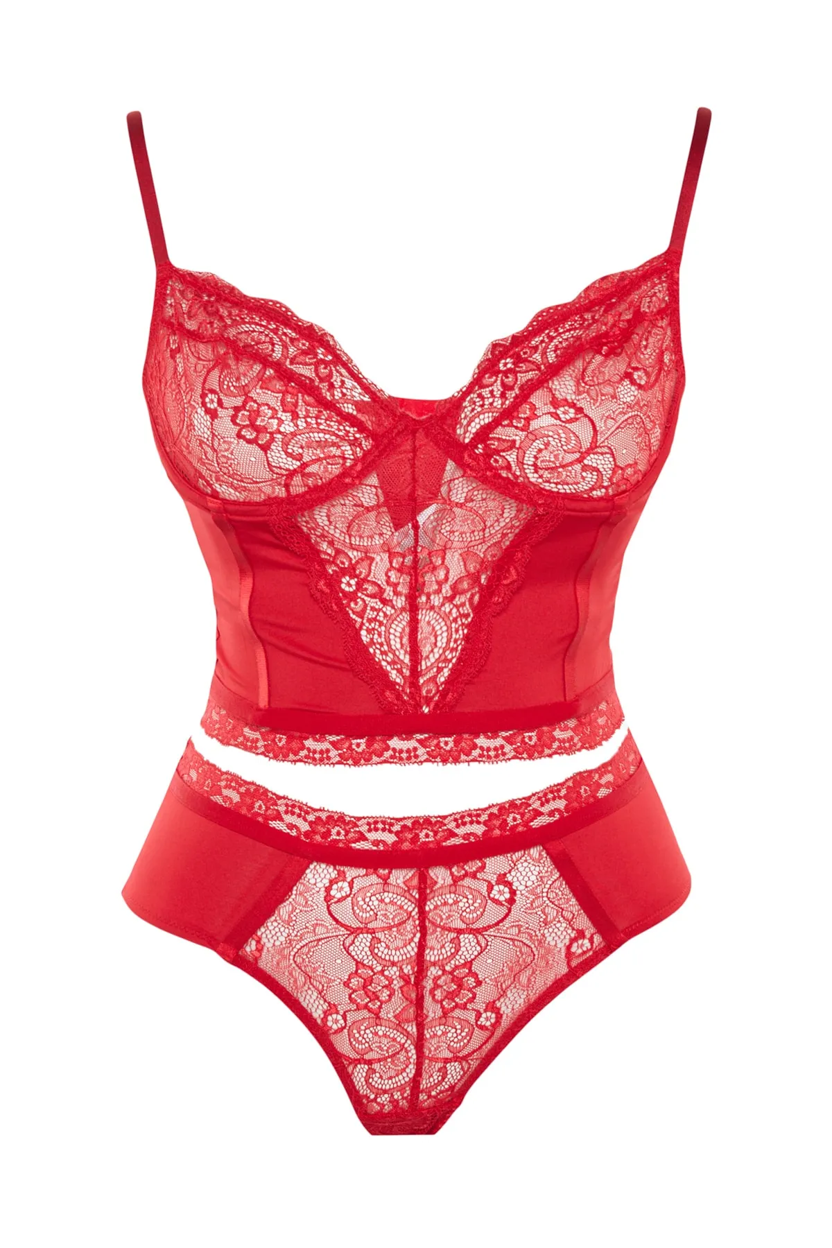 Trendyol Curve  Detaillierte Bustier-Höschen-Unterwäsche-Sets mit roter Spitze TBBSS23DG00000