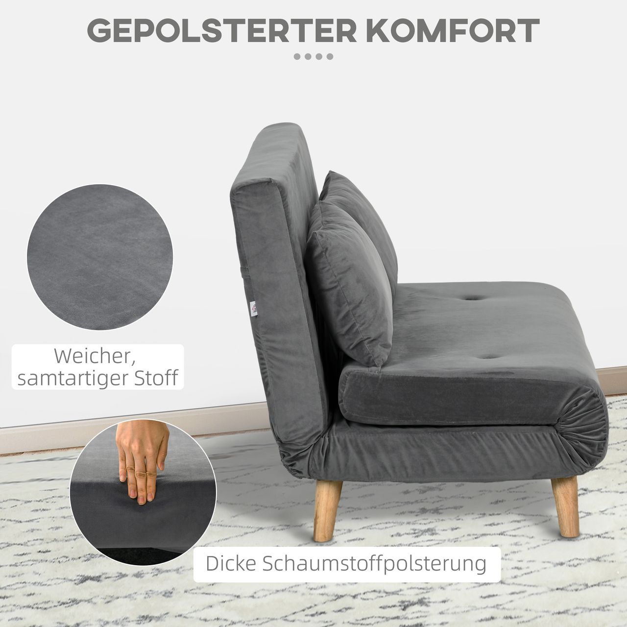 HOMCOM Schlafsofa 2-Sitzer Sofa mit Bettfunktion, Klappsofa mit Kissen, Grau