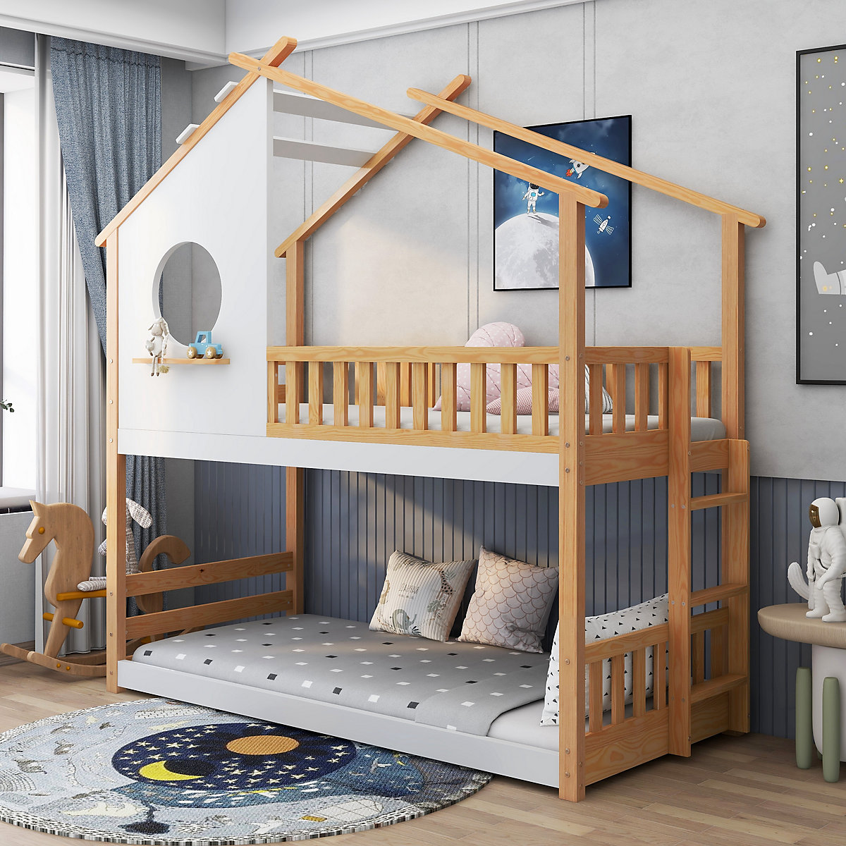 Etagenbett mit rechtwinkliger Leiter, Kinderbett, mit Fallschutz und Barriere, Rahmen aus Kiefernholz