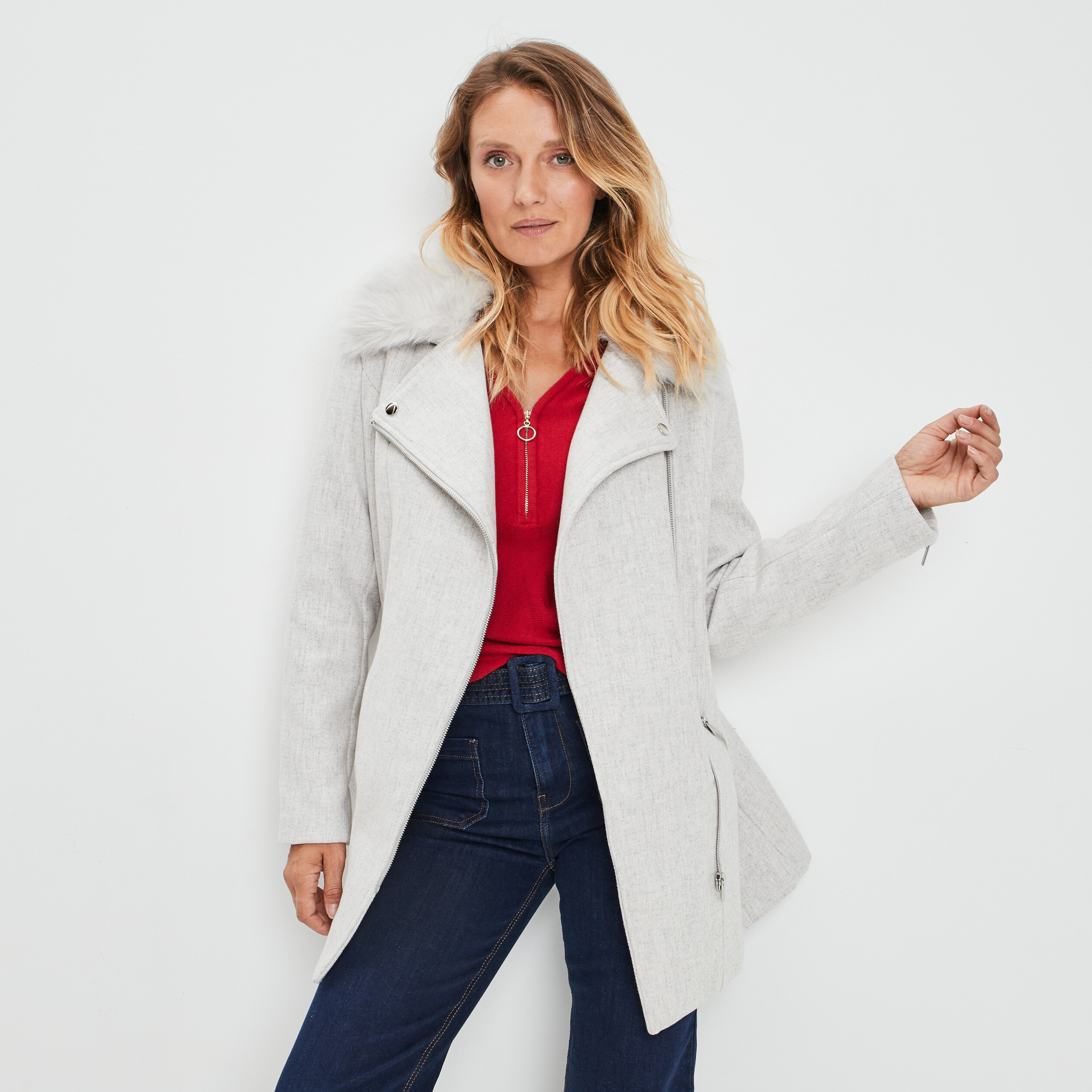 Manteau droit zippé gris femme | La Halle