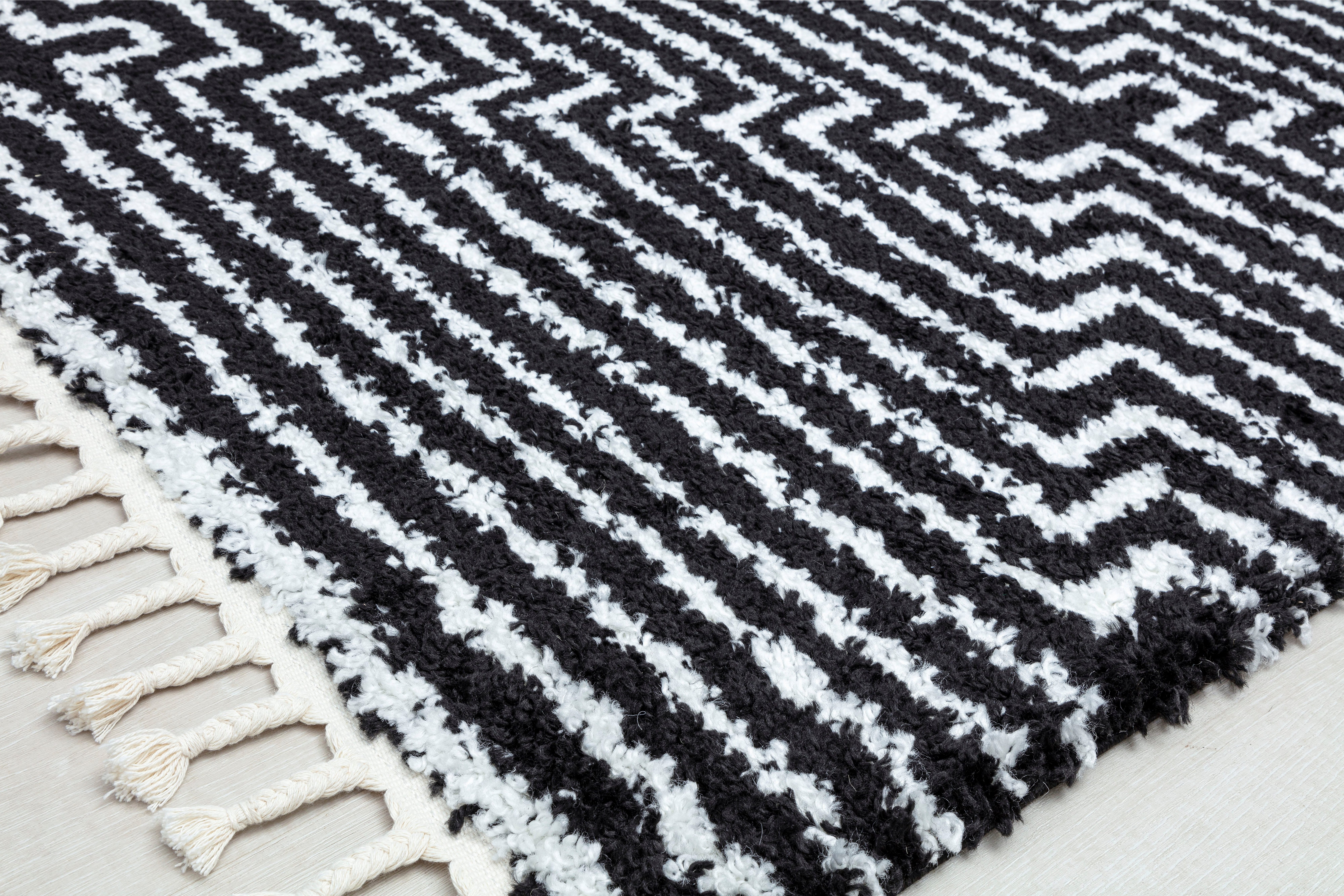 Hochflor-Teppich Bennett BT20, CosmoLiving by Cosmopolitan, rechteckig, Höhe: 32 mm, Boho-Look, Rauten-Design, Scandi-Look, modernder mit Fransen, weich