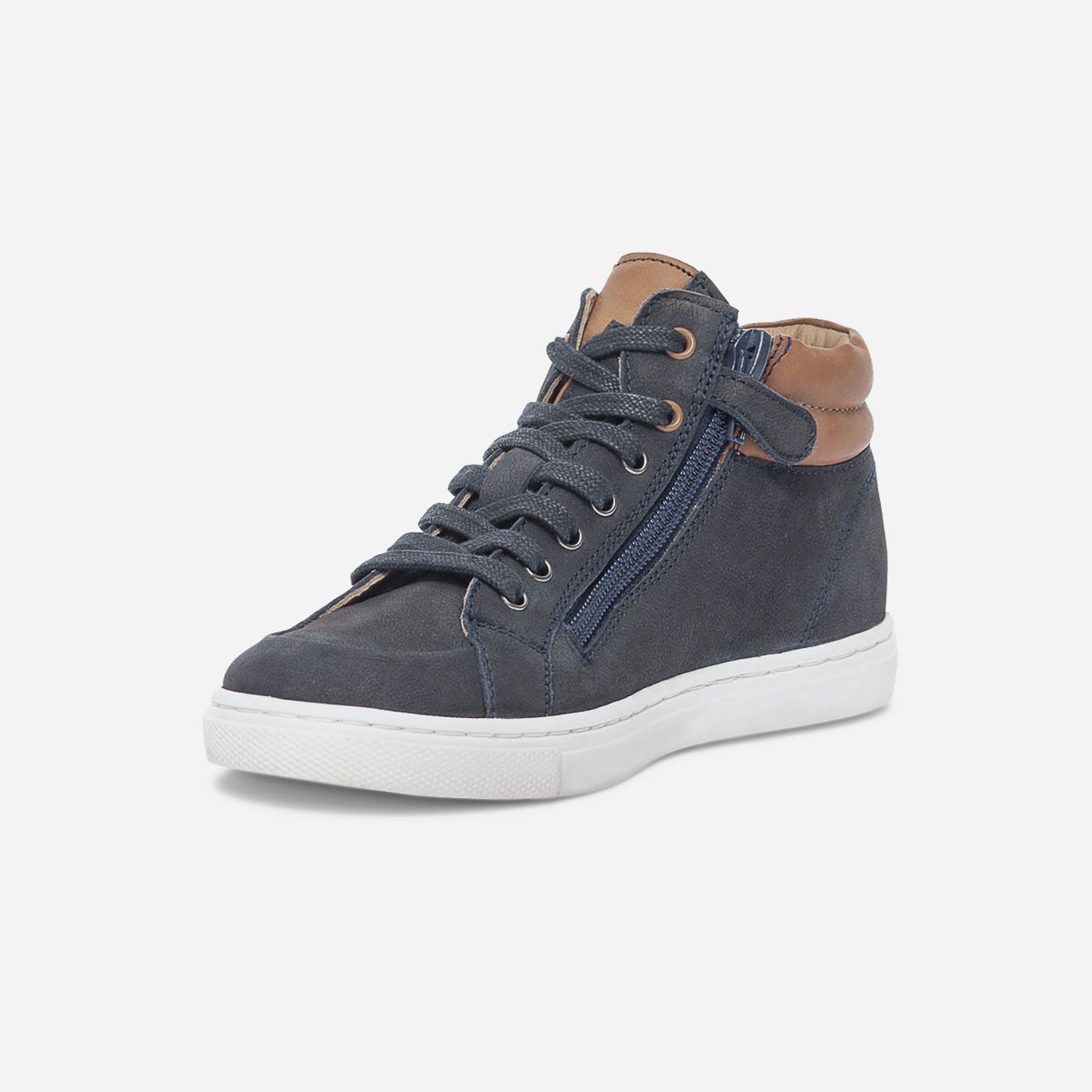 Basket bleu et camel en cuir
