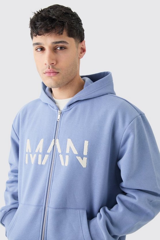 Kastiger Oversize Man-Dash Hoodie mit Borg-Applikation und Reißverschluss