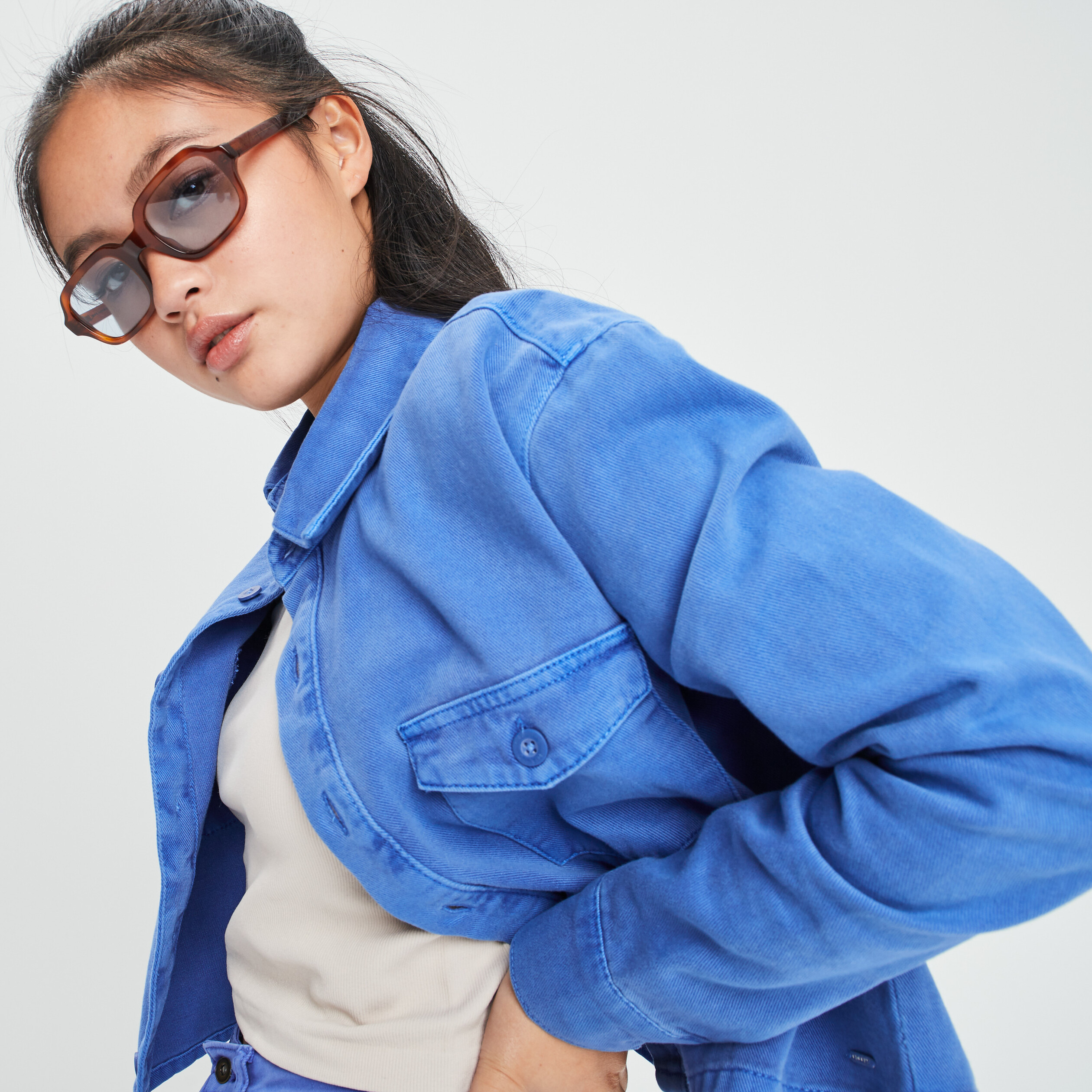 Surchemise cropped manches longues bleu electrique femme | La Halle