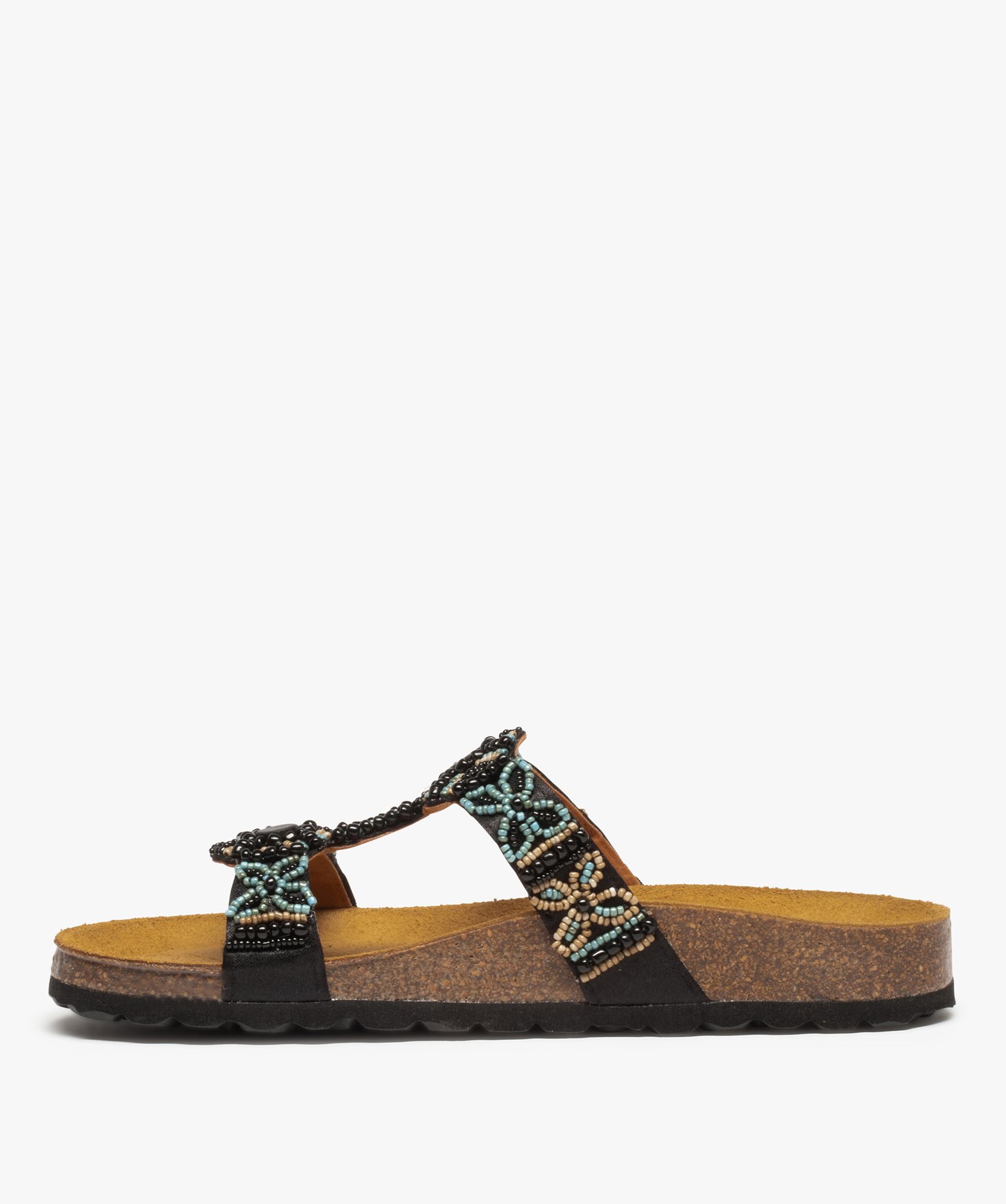 Mules femme avec brides ornées de perles de rocaille noir | GEMO