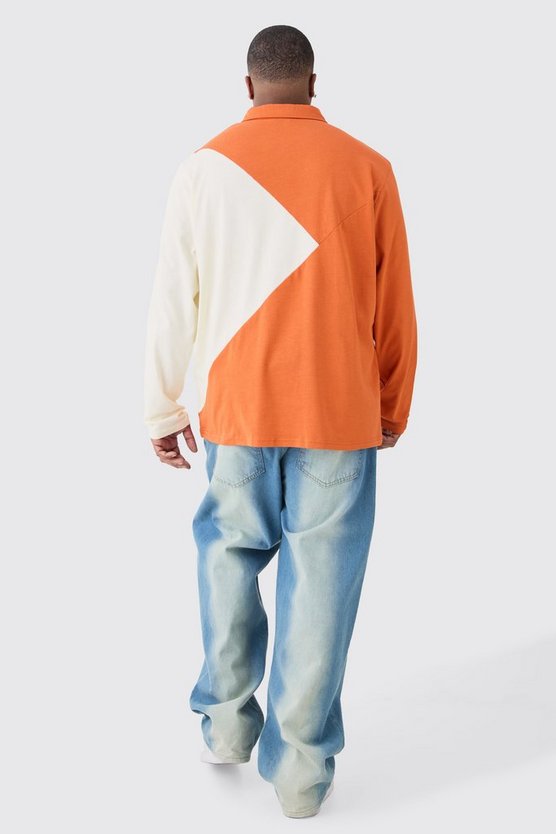 Plus langärmliges Colorblock Poloshirt