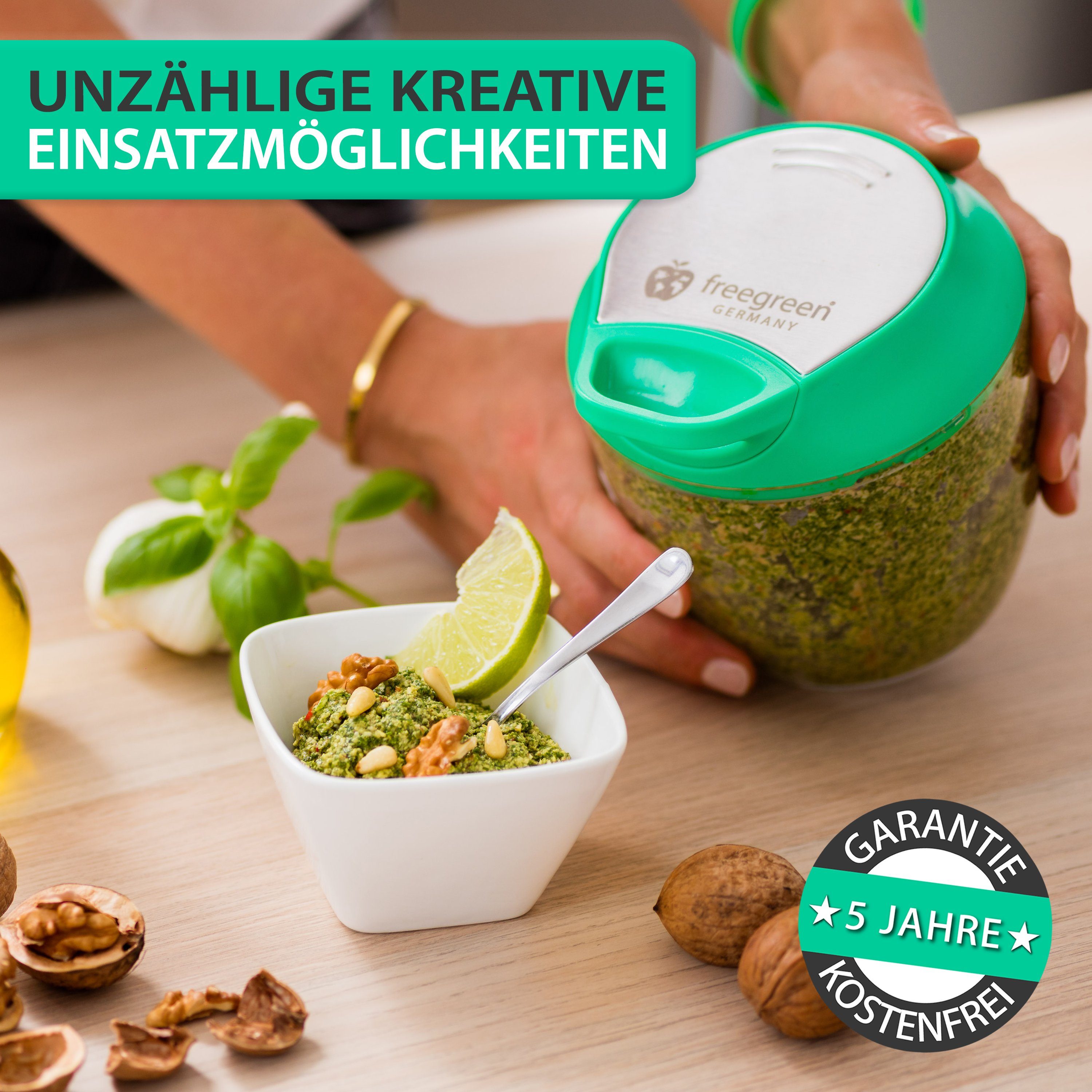 freegreen® Zwiebelhacker 940 ml, Multi-Zerkleinerer I Zwiebelschneider I Universalzerkleinerer, Edelstahl Gemüseschneider mit Mixer-Einsatz und Frischhaltedeckel