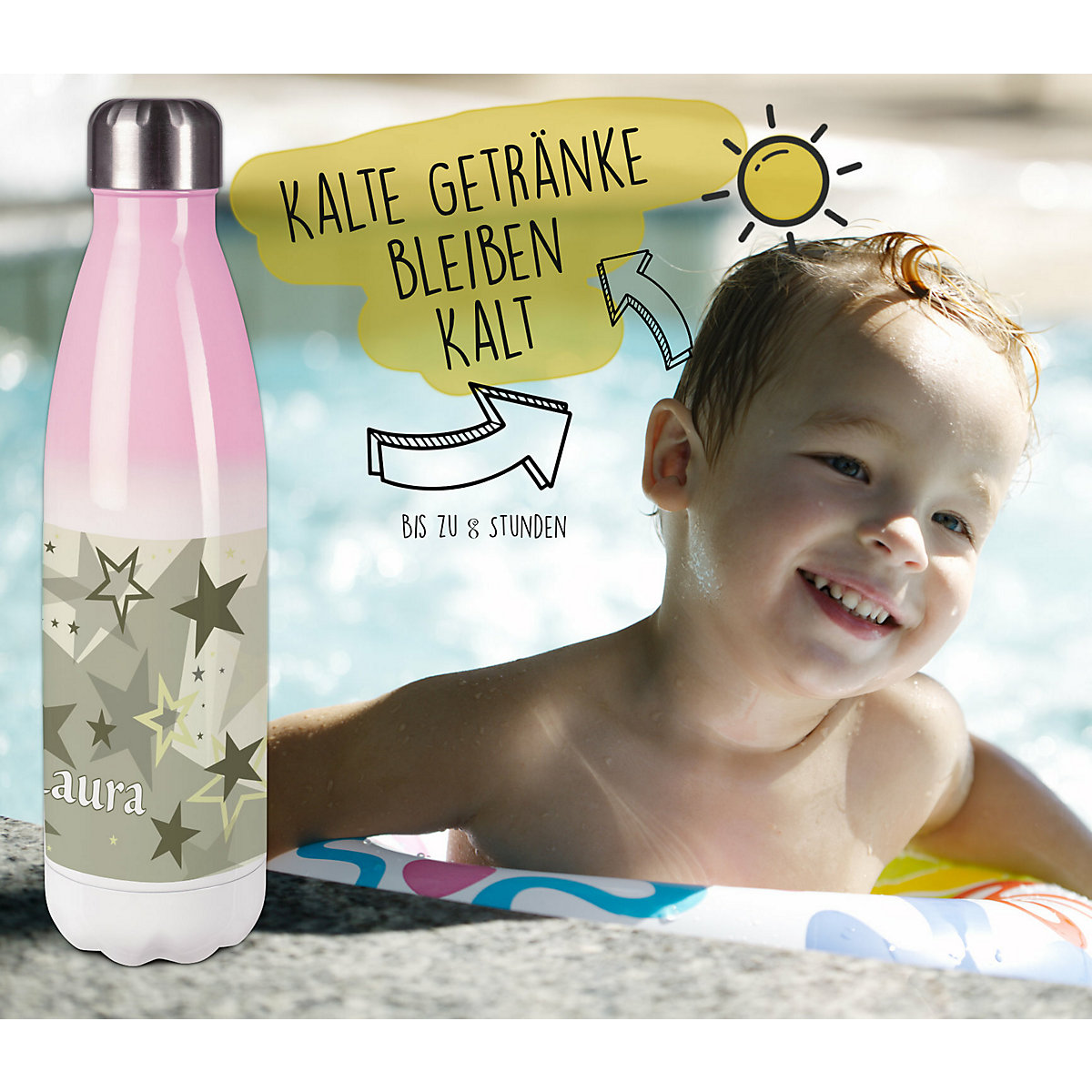 Edelstahl Kinder Thermoflasche / Trinkflasche bunt Sternenhimmel Farbe grau beige Spülmaschinenfest, Auslaufsicher, Bruchfest, Doppelwandig, Für Heißgetränke geeignet, Mit Deckel, Isoliert