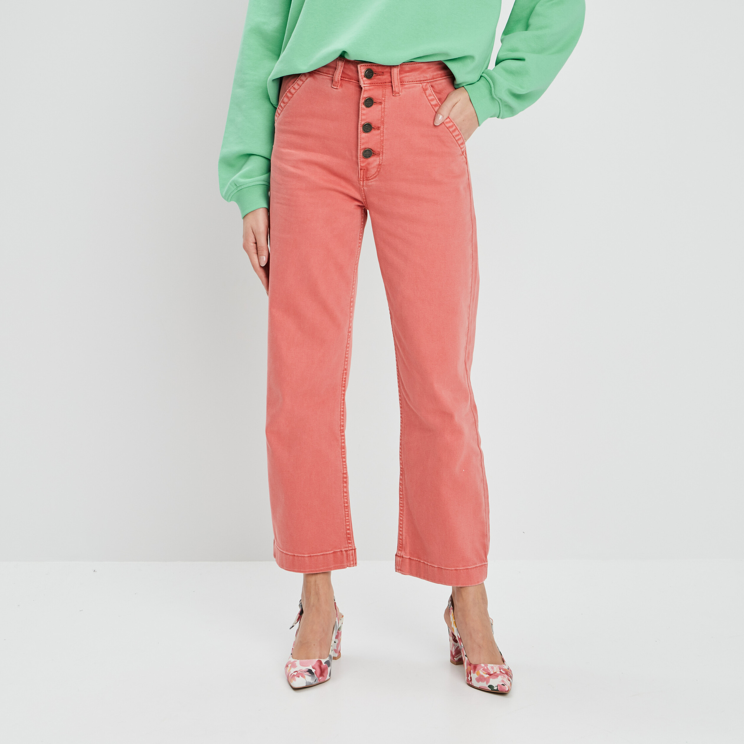 Pantalon jambe large 7 8ème boutonné rose corail femme | La Halle