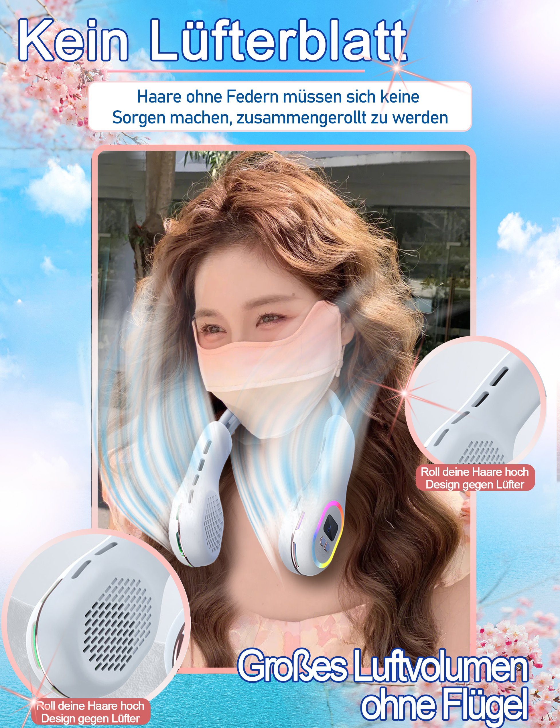 KUGI Mini USB-Ventilator Halsventilator flügelloser Pylon Typ-C wiederaufladbar 4800mAh, tragbares farbiges Licht, wickelt keine Haare Kühlung Gegenmaßnahmen