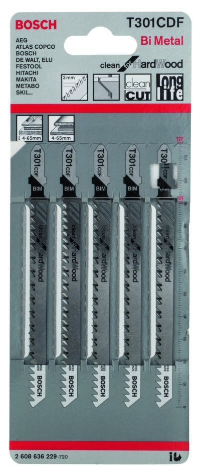Bosch Blue Accessories 2608636229 T301CDF Stiksavklinger T-skaft pr. 5 stk. hårdttræ