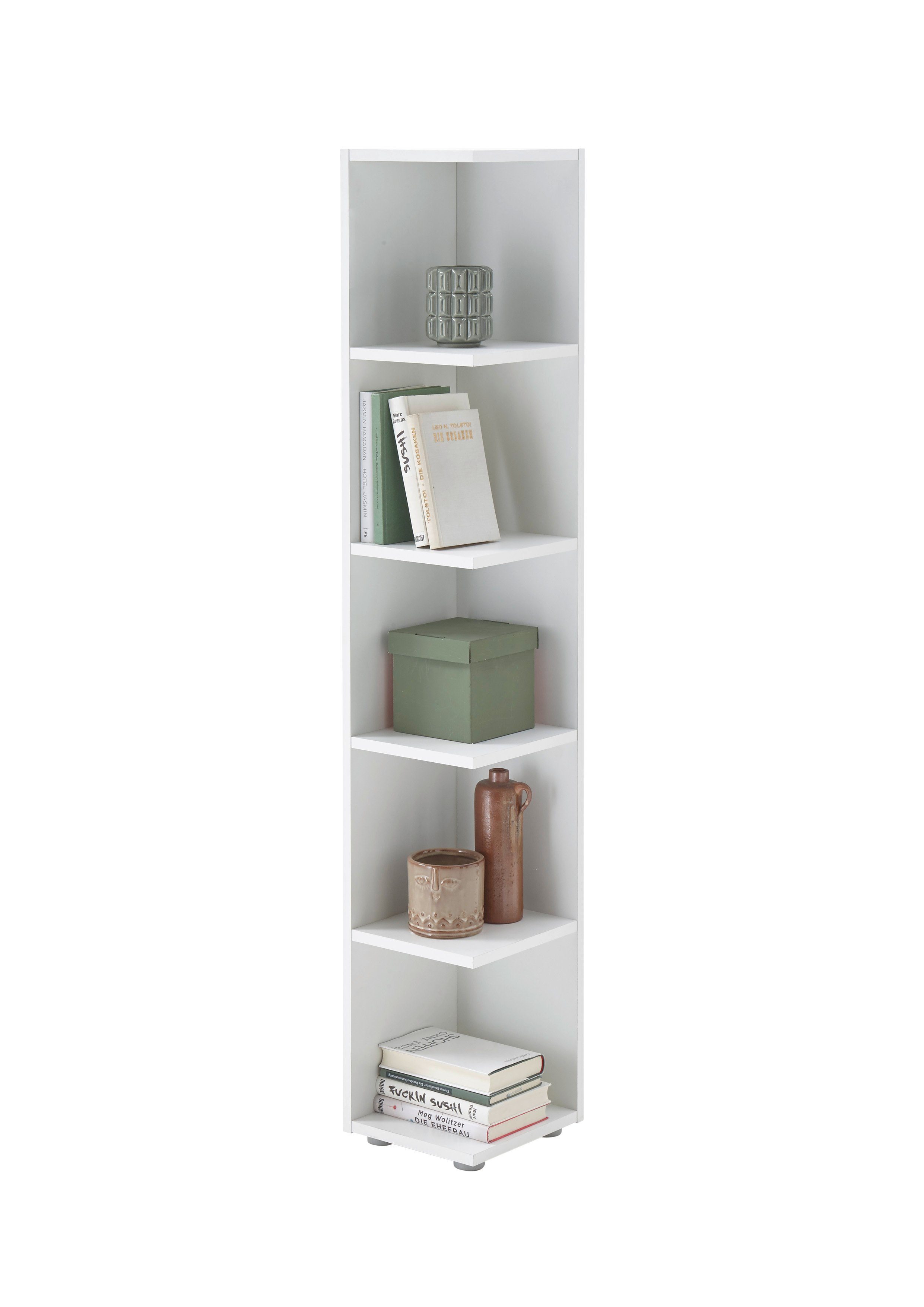 möbelando Eckregal Lasmos, Modernes Eckregal aus Spanplatte in Weiß mit 5 offenen Fächern. Breite 24 cm, Höhe 142 cm, Tiefe 26 cm