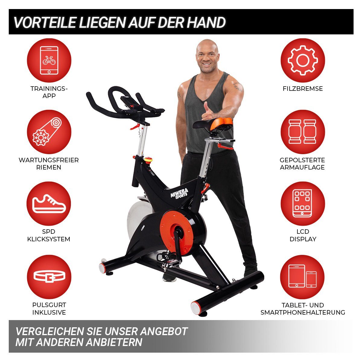 Miweba Sports Speedbike Profi Indoor Cycle Bike MS500 inkl. Pulsgurt - 25 Kg Schwungmasse (Sportgeräte für zu hause, Heimtrainer Fahrrad, Trimmrad, Fahrradtrainer, Cardio, Sport, Training, Ganzkörpertraining, 2-tlg., iConsole+, Kinomap-App, Pulsmesse