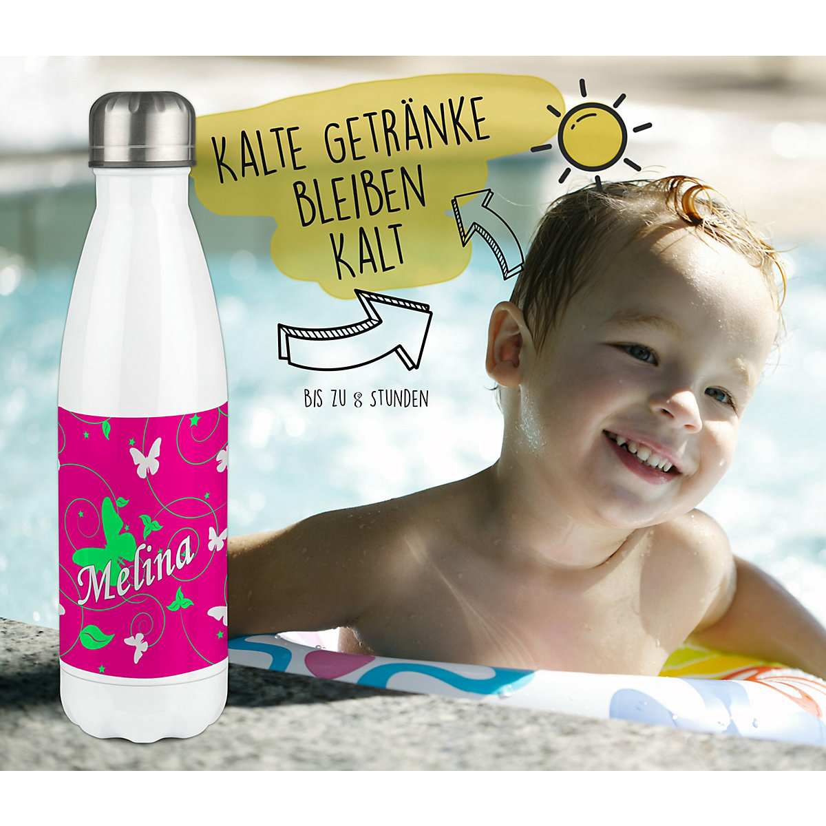 Edelstahl Kinder Thermoflasche / Trinkflasche bunt Schmetterling Ornamente Farbe pink apfelgrün Spülmaschinenfest, Auslaufsicher, Bruchfest, Doppelwandig, Für Heißgetränke geeignet, Mit Deckel, I