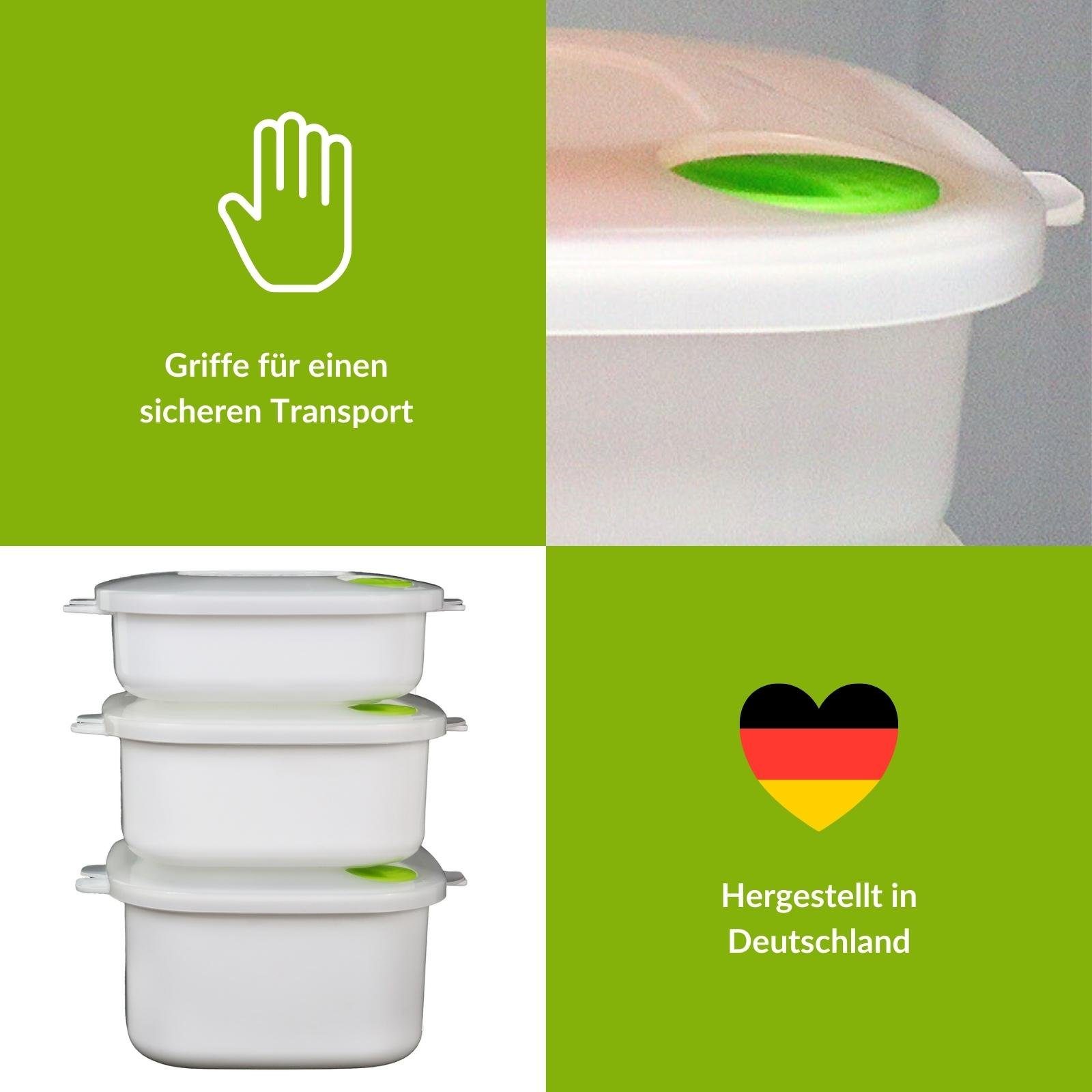 Plentyfy Mikrowellenbehälter Frischhaltedose quadratisch 2 Liter mit Motiv und Dampfventil, Kunststoff, (Kasserolle 2 L quadratisch BLUME mit Dampfventil GRÜN Mikrowellen-Geschirr, Premium), Meal Prep Boxen - Mikrowellengeschirr mit Deckel