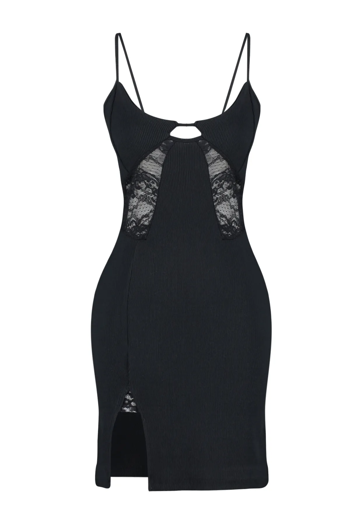 Trendyol Collection  Schwarzes Nachthemd aus geripptem Strick mit Spitzendetail, Schlitz und String-Trägern THMSS24GC00006