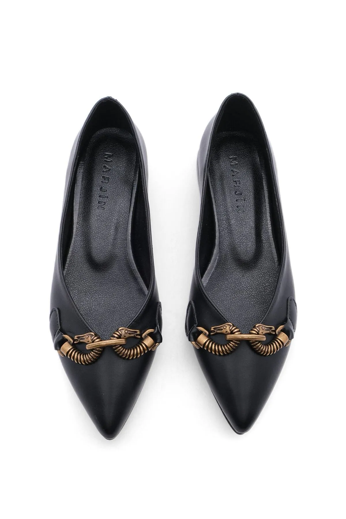Marjin  Ballerinas mit spitzer Spitze und Kettenschnalle für Damen Kosef Schwarz