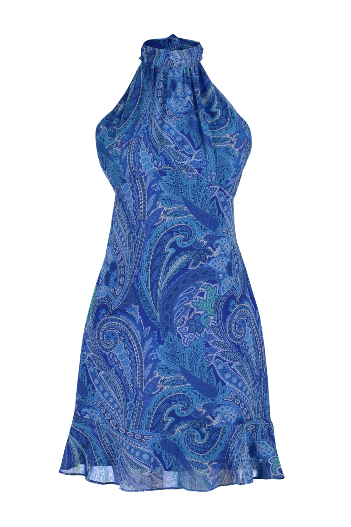Trendyol Collection  Blaues, bedrucktes Neckholder-Minikleid aus Webstoff mit Futter TWOSS23EL02293
