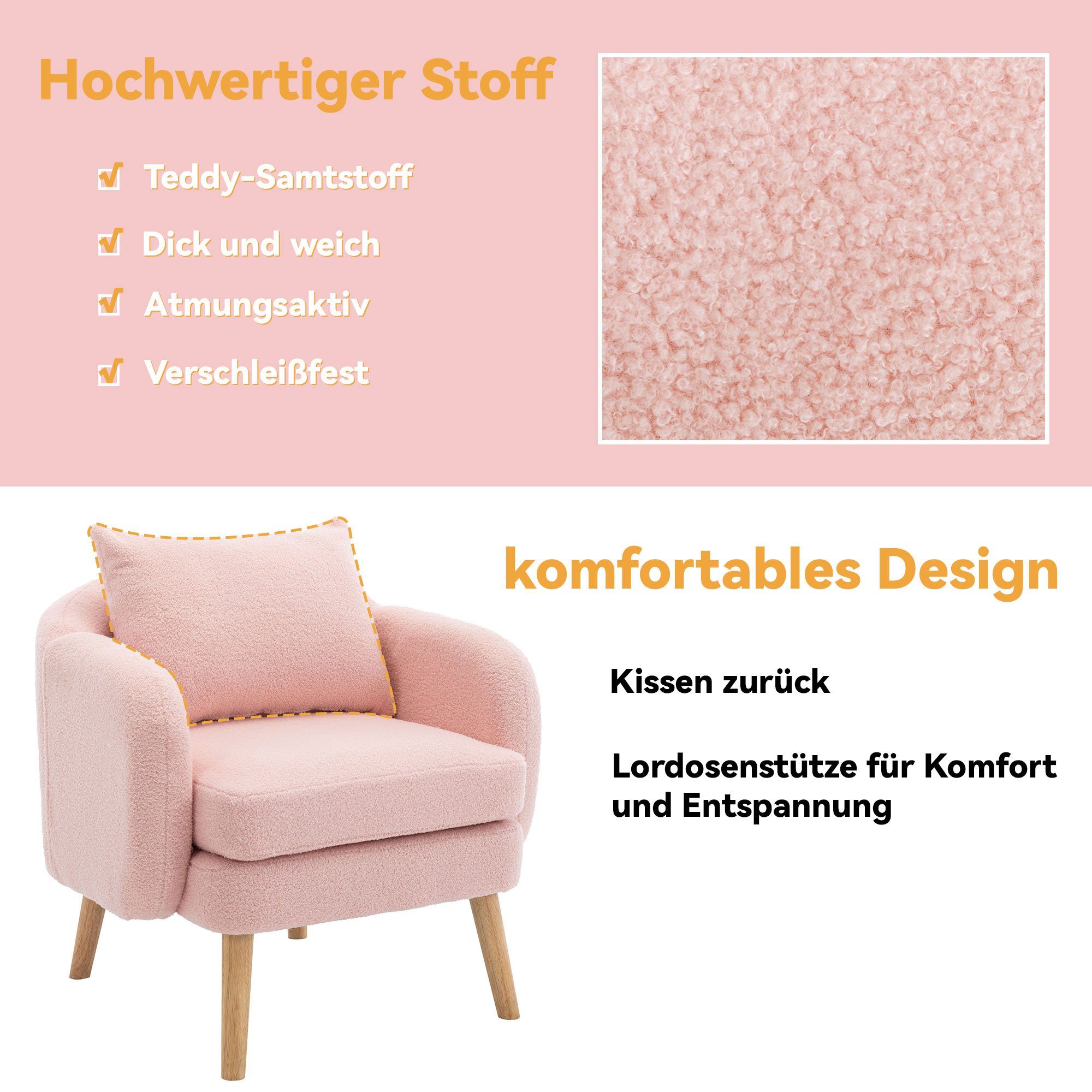 REDOM Sessel Polstersessel Armlehnensessel Loungesessel, mit Kissen (Moderner, schlichter Teddy-Samtstuhl), Sessel mit extra dickem Kissen, Beine aus Massivholz