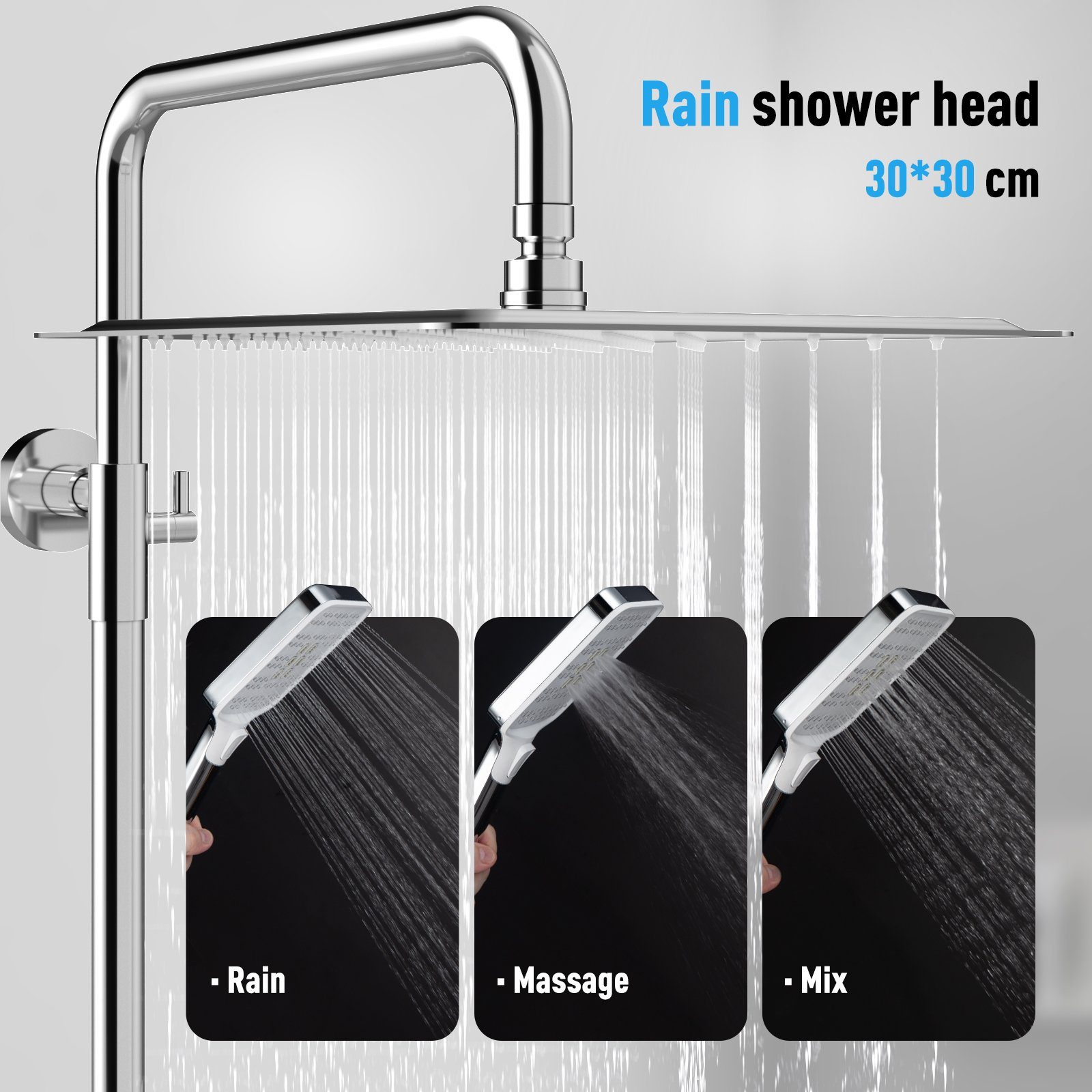 Rainsworth Duschsystem 3 Funktionen Duschsystem ohne Armatur, Höhe 126 cm, Set, Duschset Duschstangeset Duschsäuleset, eckig Regenduschset mit Kopfbrause 20x20cm für Badezimmer, Chrom