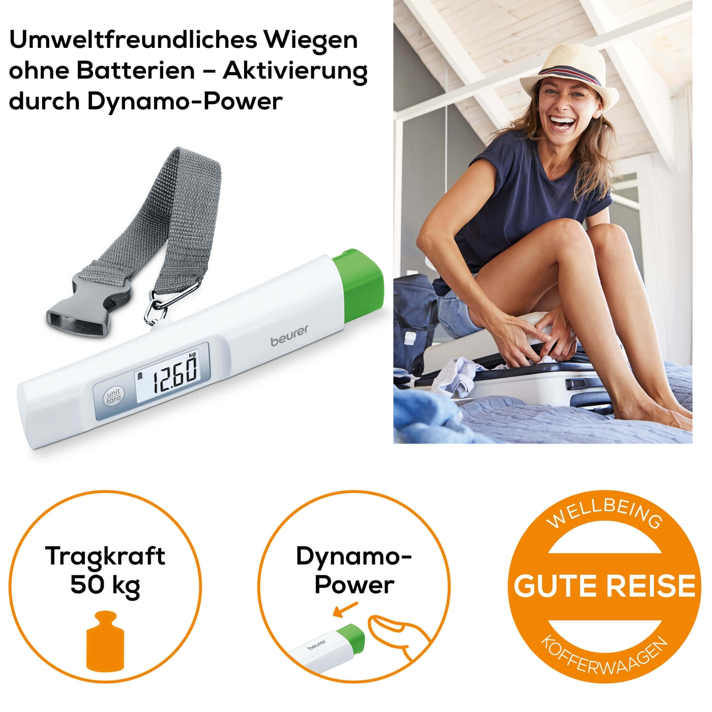Beurer Kofferwaage LS 20 eco-Batterielose Kofferwaage mit Dynamo-Power & Hold-Funktion - bis 50 kg