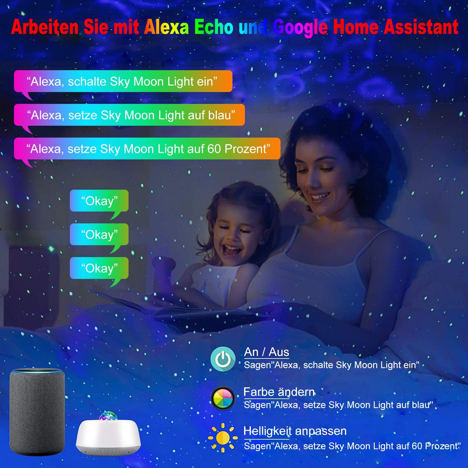 Rosnek LED Nachtlicht Sternenhimmel Projektor, Smart Wifi, Lautsprecher, APP, Starry Mond Stern, Mit Ozeanwelleneffekt